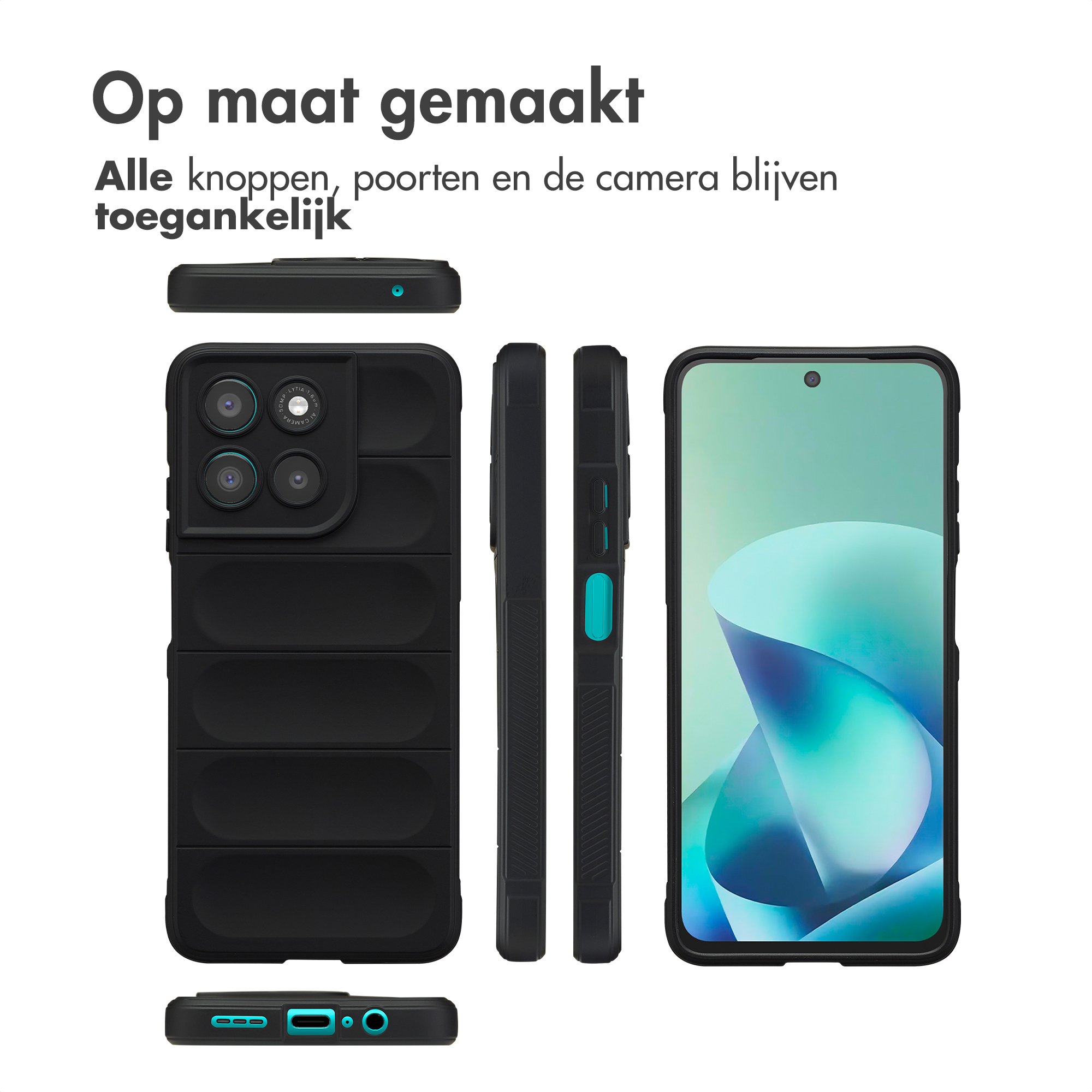Zwarte telefoonhoes met vier camera's, zijknopen en poorten.