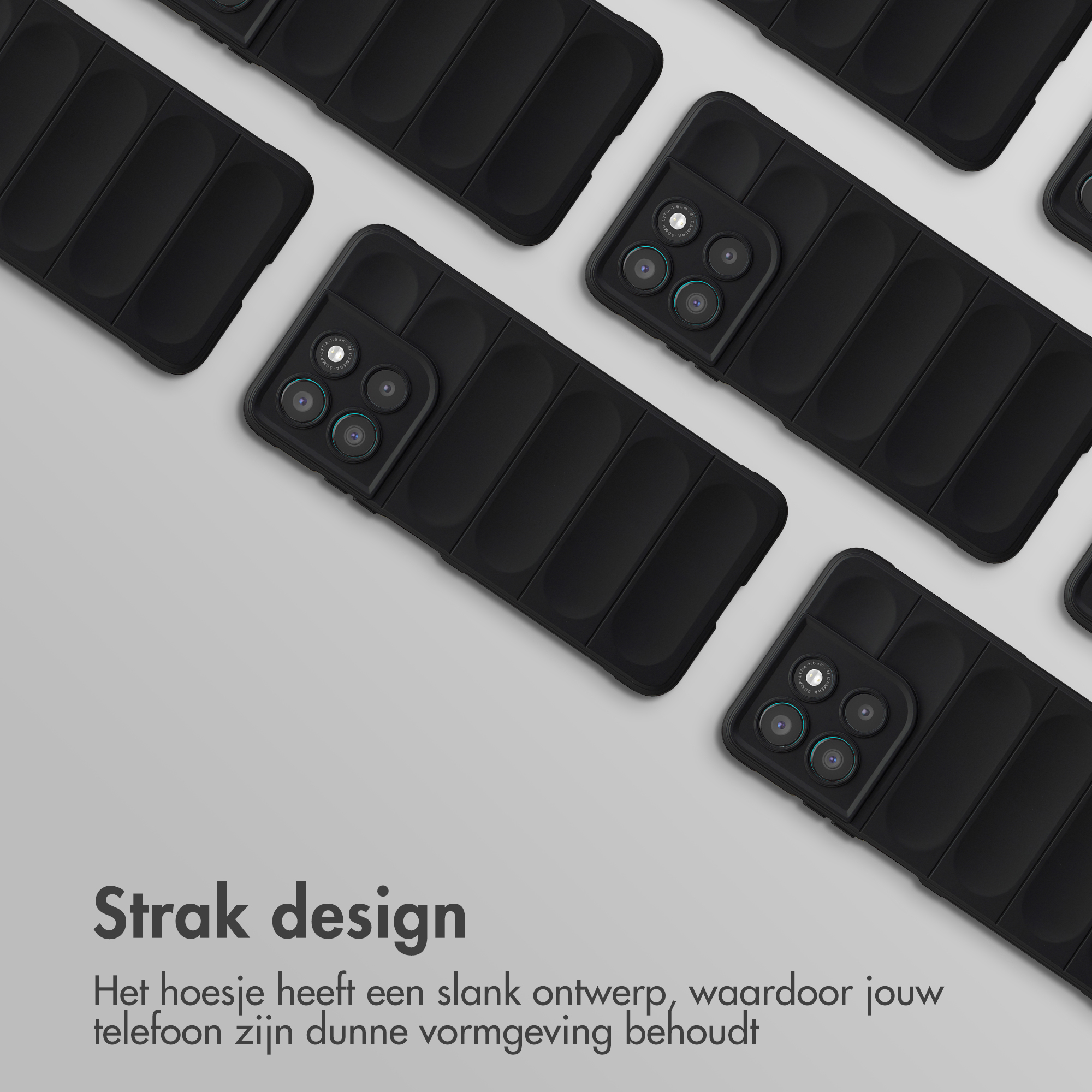 Meerdere zwarte telefoonhoesjes met reliëflijnen en cameramodules.