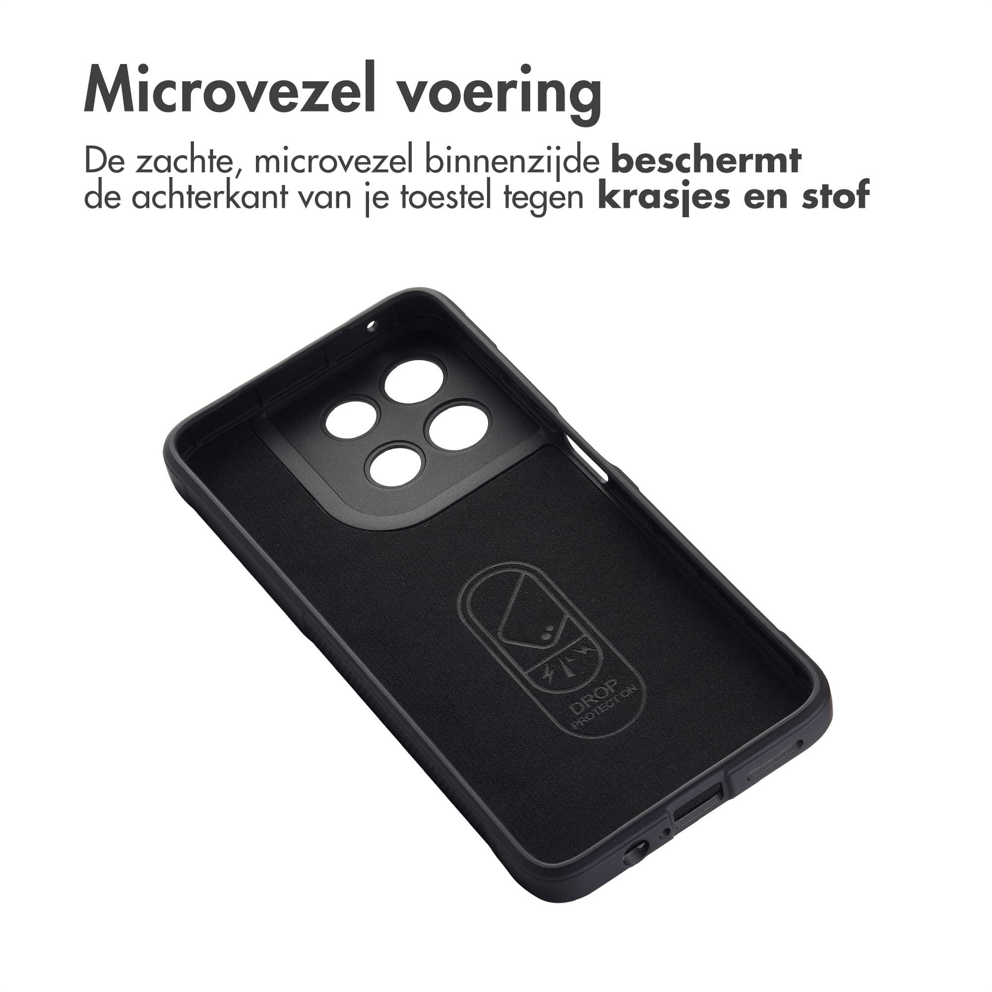 Zwart telefoonhoesje met microvezelvoering en camerauitsparingen.