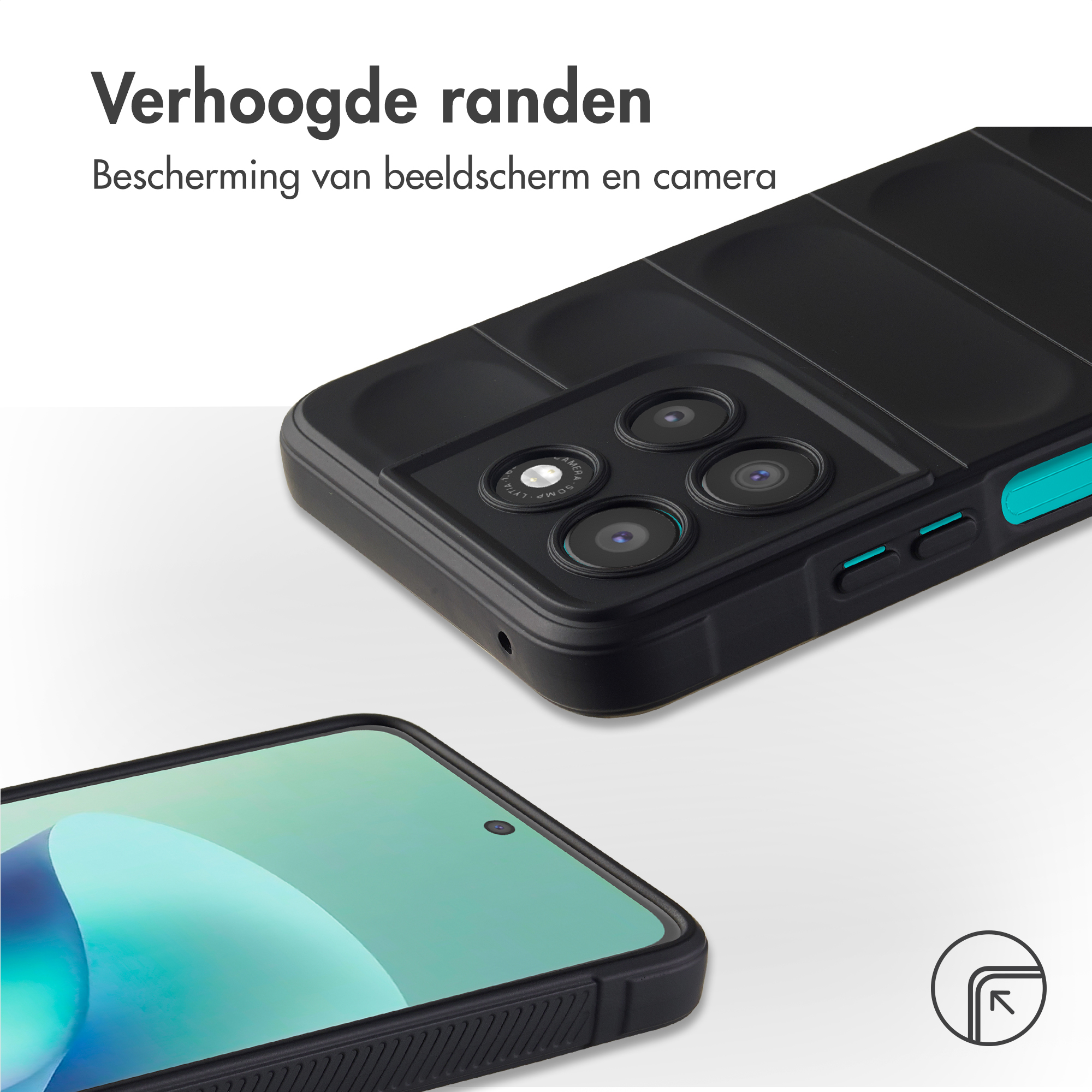Zwart telefoonhoesje met verhoogde randen, beschermt scherm en camera. Close-up scherm.