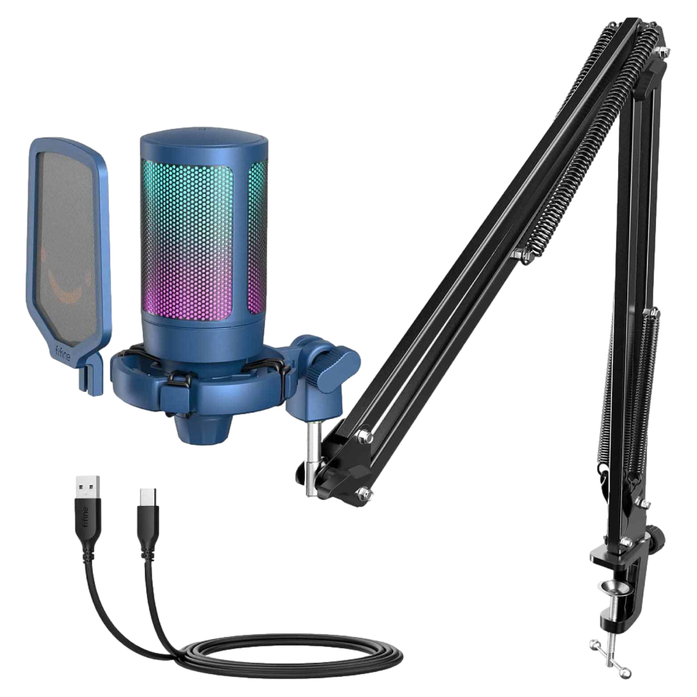 RGB aydınlatmalı mavi mikrofon, bom kolu, pop filtre ve kablosu.