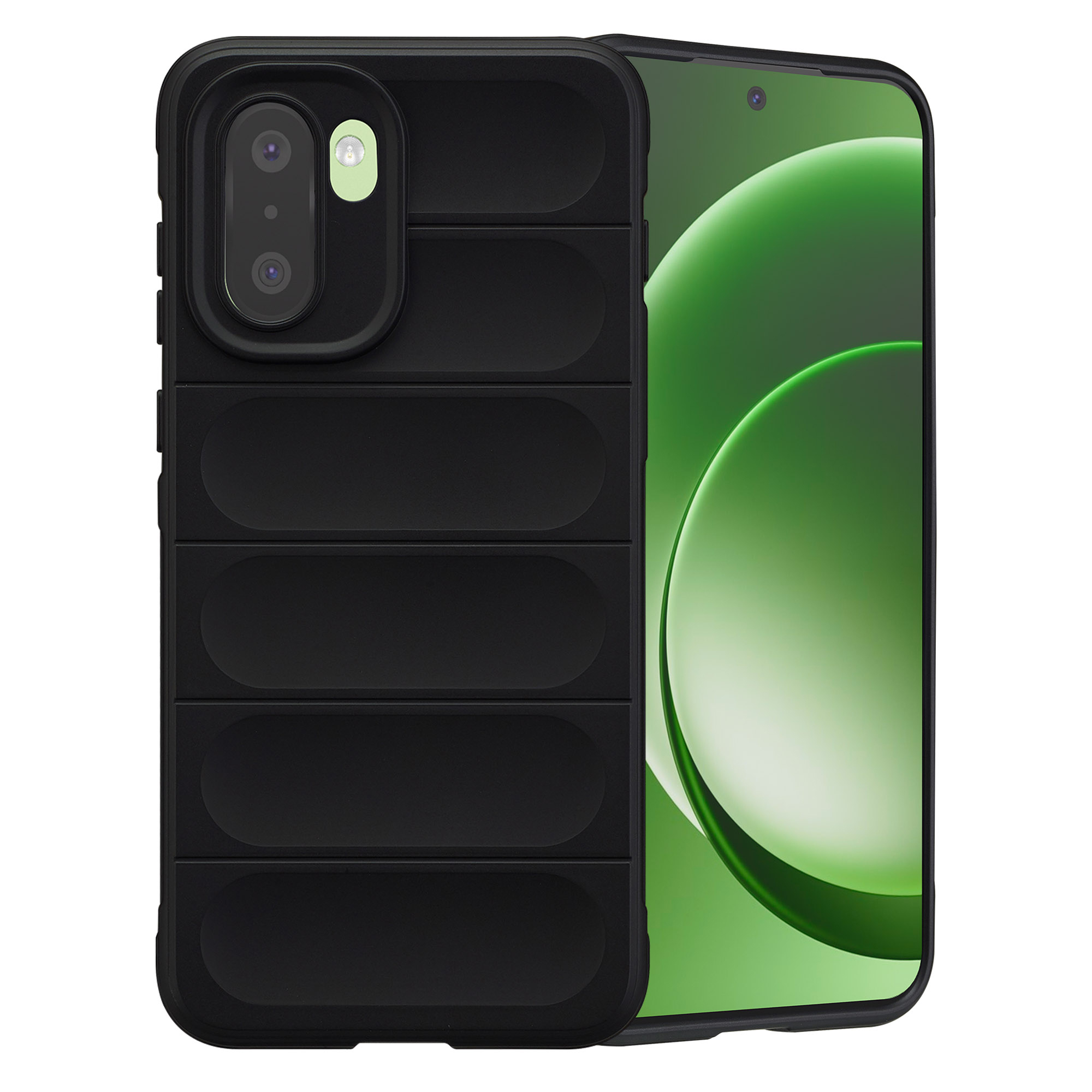 Zwarte telefoonhoes met horizontale richels naast een smartphone met groene achtergrond.