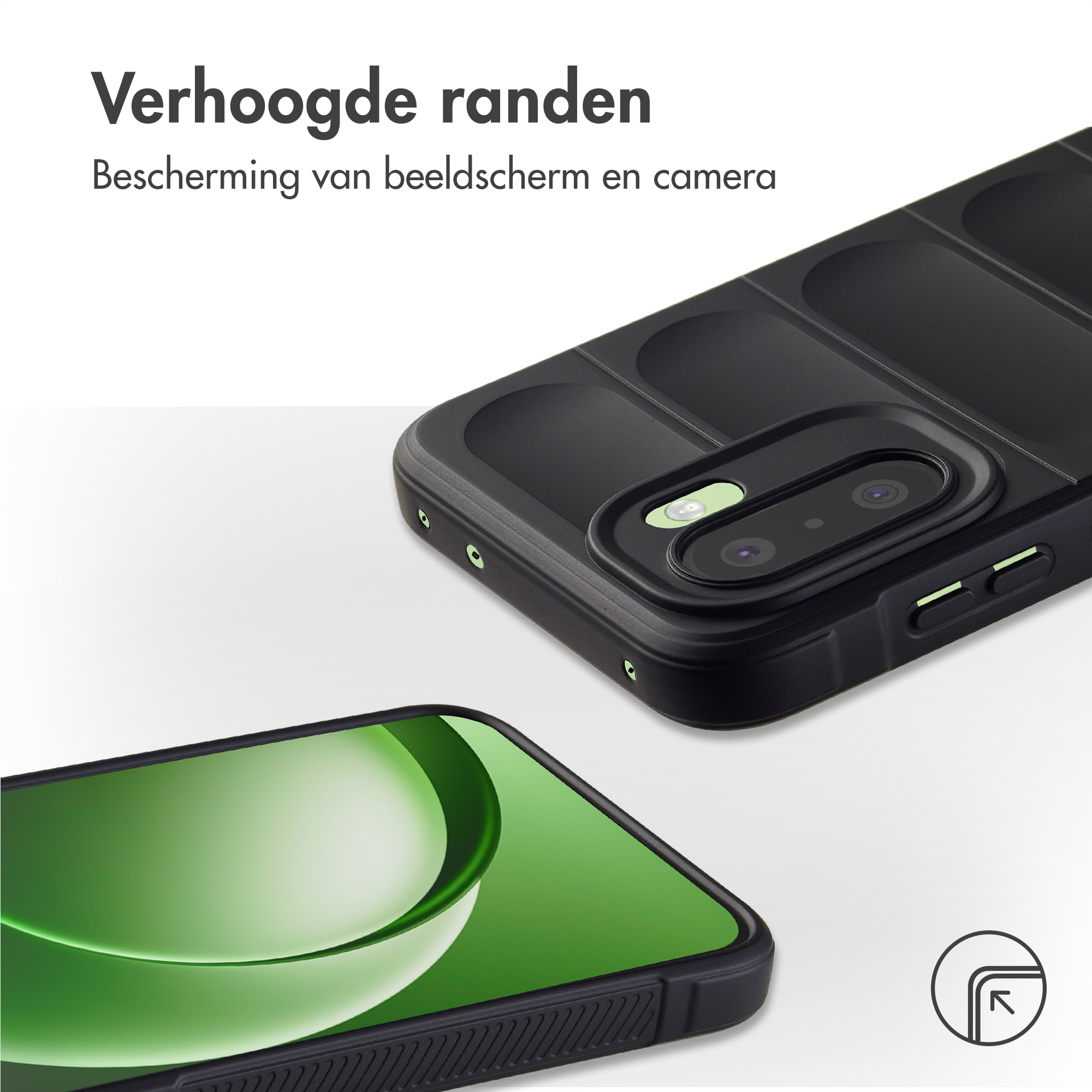 Zwarte telefoonhoes met verhoogde randen, toont camera's en groen scherm.