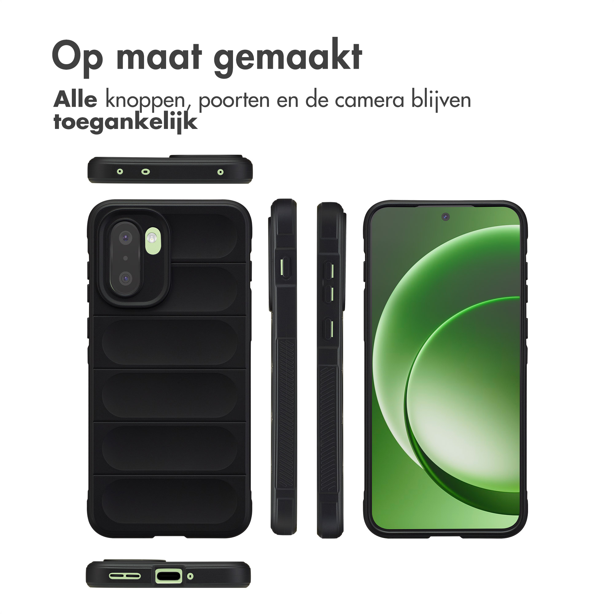 Zwarte telefoonhoes met uitsparingen voor camera, knoppen en poorten.