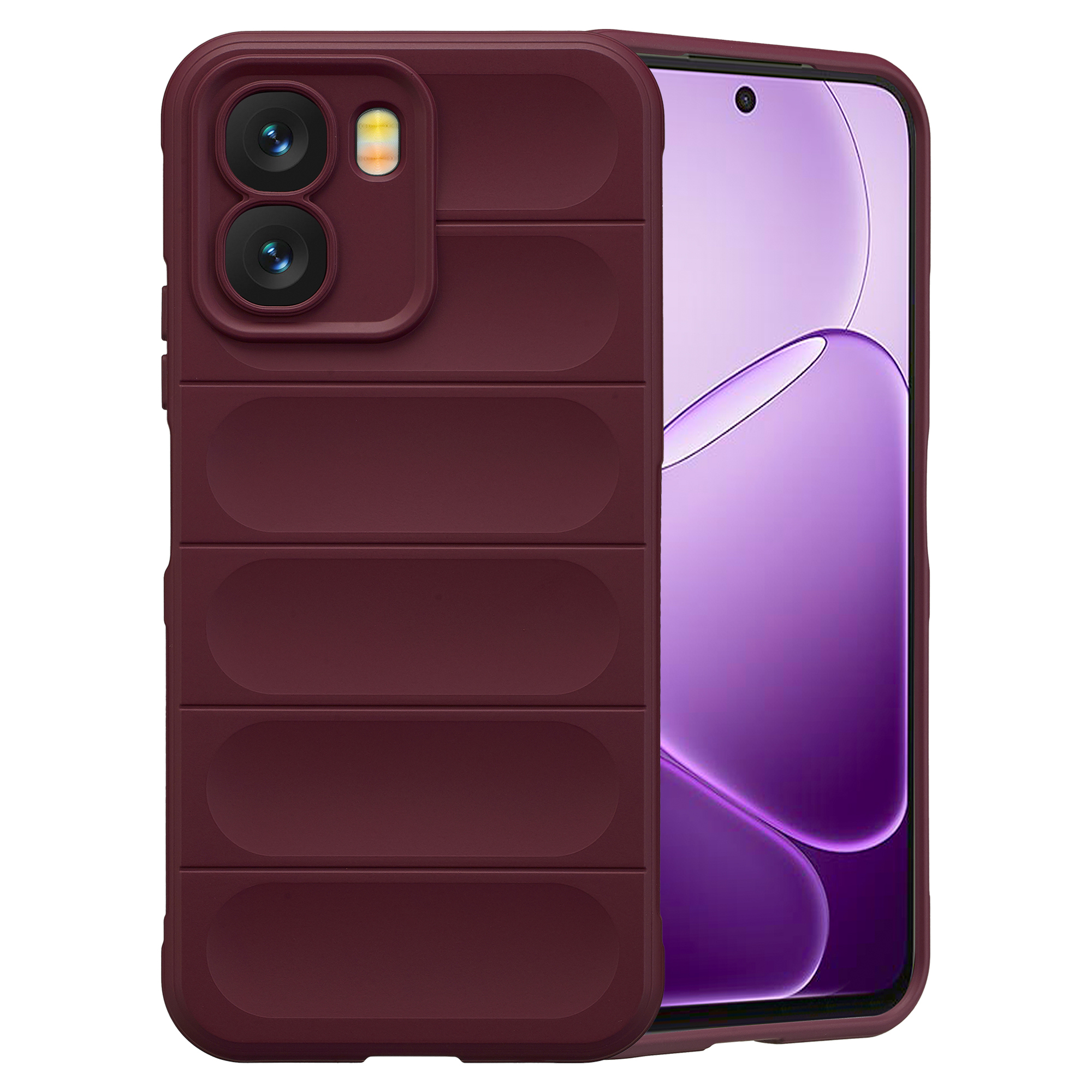 Wijnrood telefoon met horizontale ribbels en camerabobbel. Paars scherm.