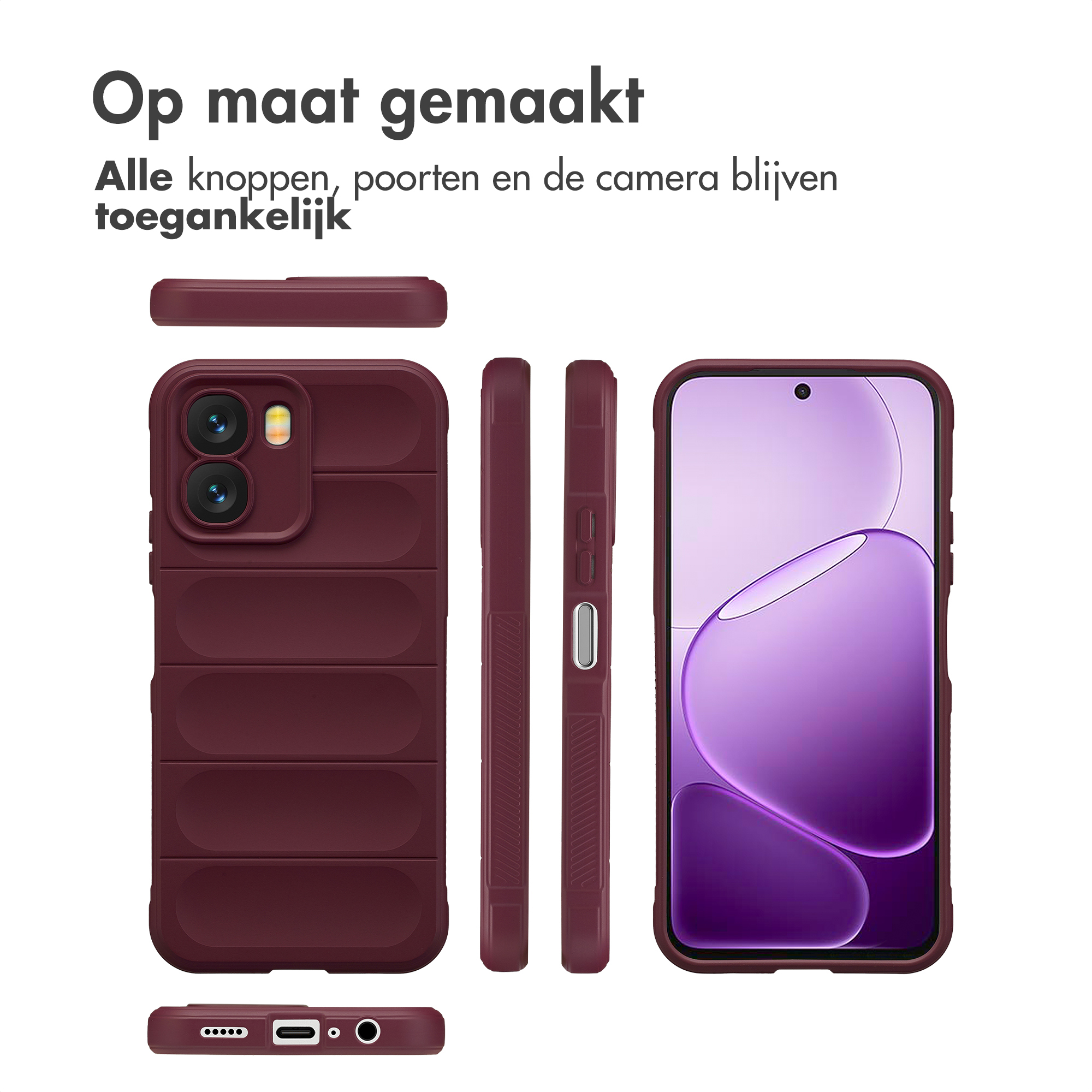 Drie weergaven van een bordeauxrode telefoonhoes en een smartphone met paarse achtergrond.