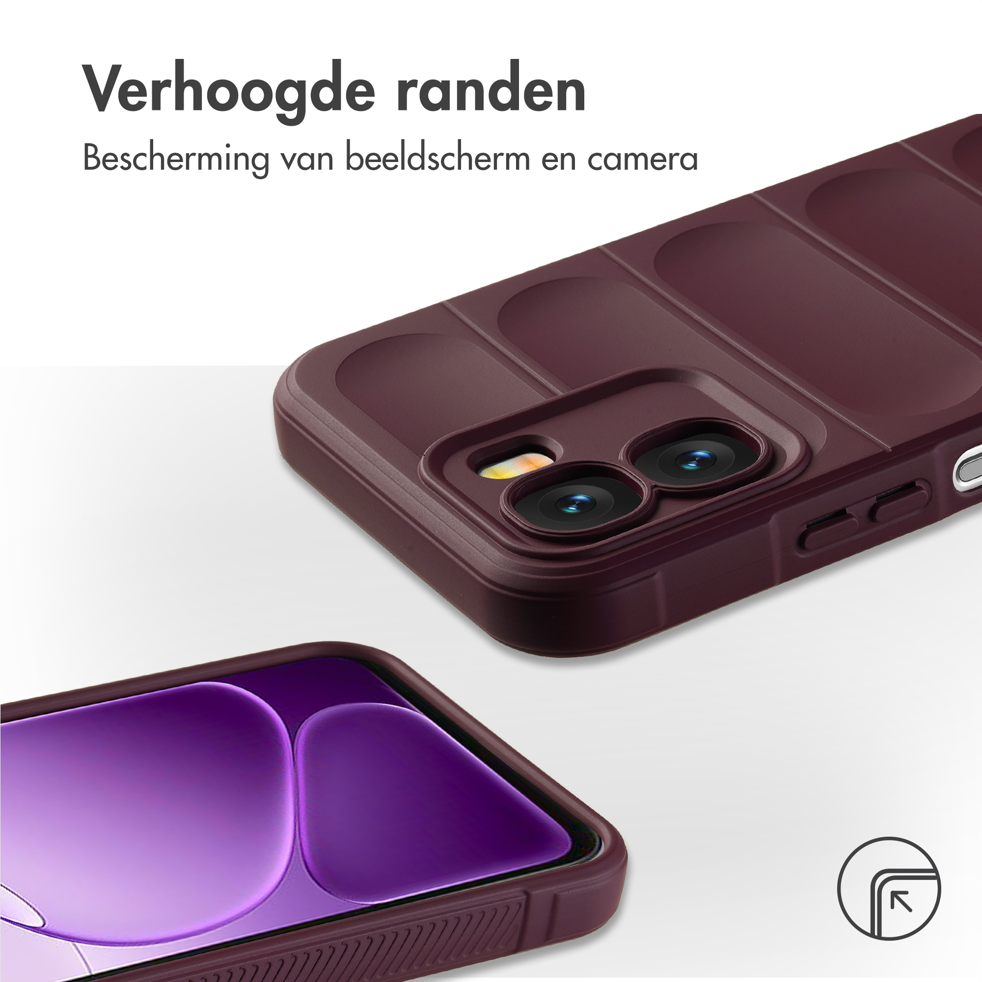 Bordeauxrode telefoonhoes met verhoogde randen toont camera en scherm.