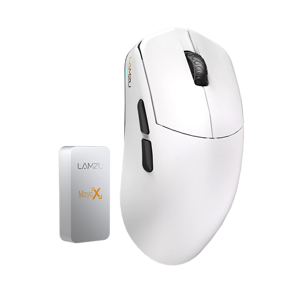 Un mouse da gaming bianco e un dongle USB bianco con logo LAMZU.
