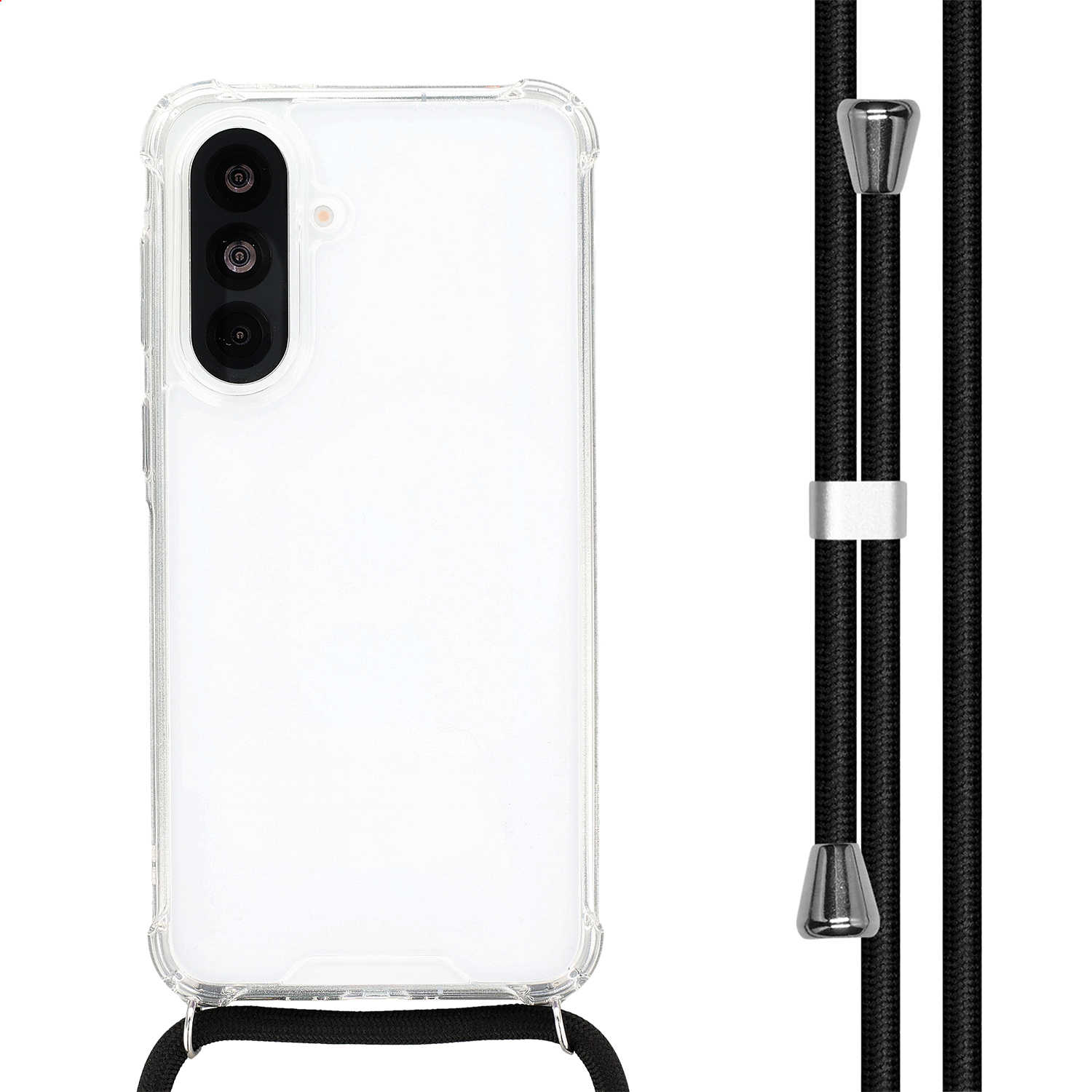 Coque de téléphone transparente avec cordon noir et accents argentés.
