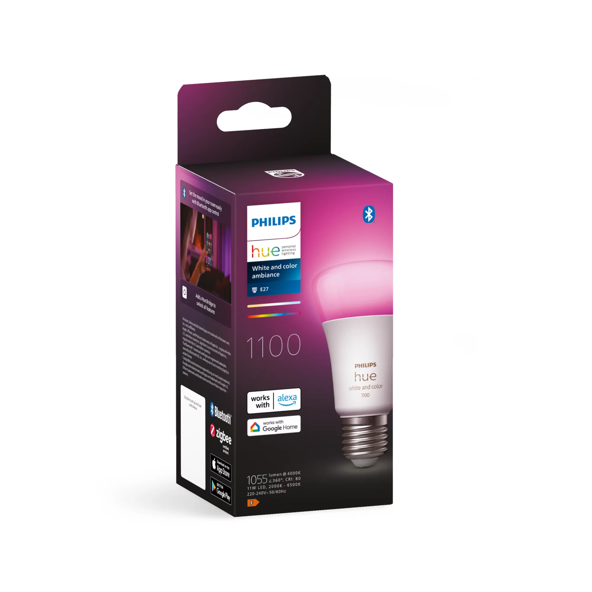Philips Hue Glühbirne mit Bluetooth-Verpackung, weiß und farbig, E27.