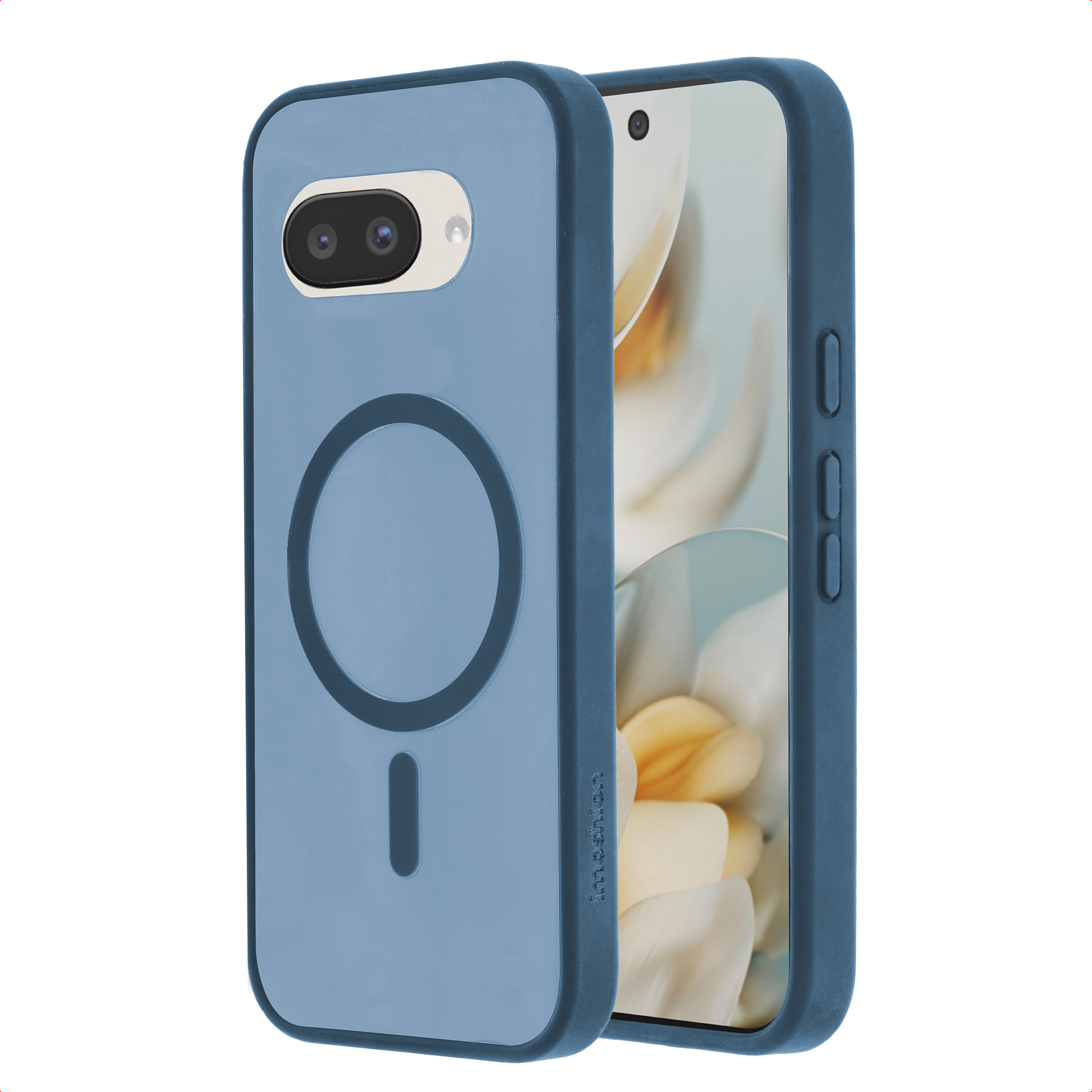 Blauw telefoonhoesje met magneetcirkel en cameralens.