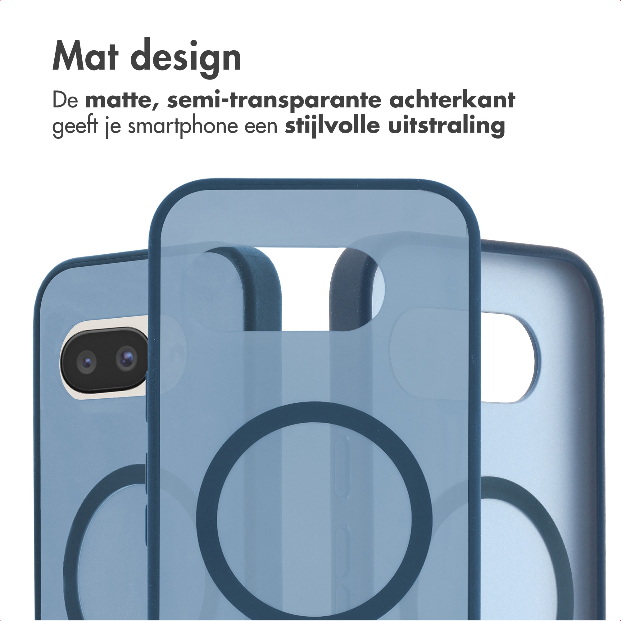 Drie doorschijnende blauwe telefoonhoesjes met zichtbare cameralens.