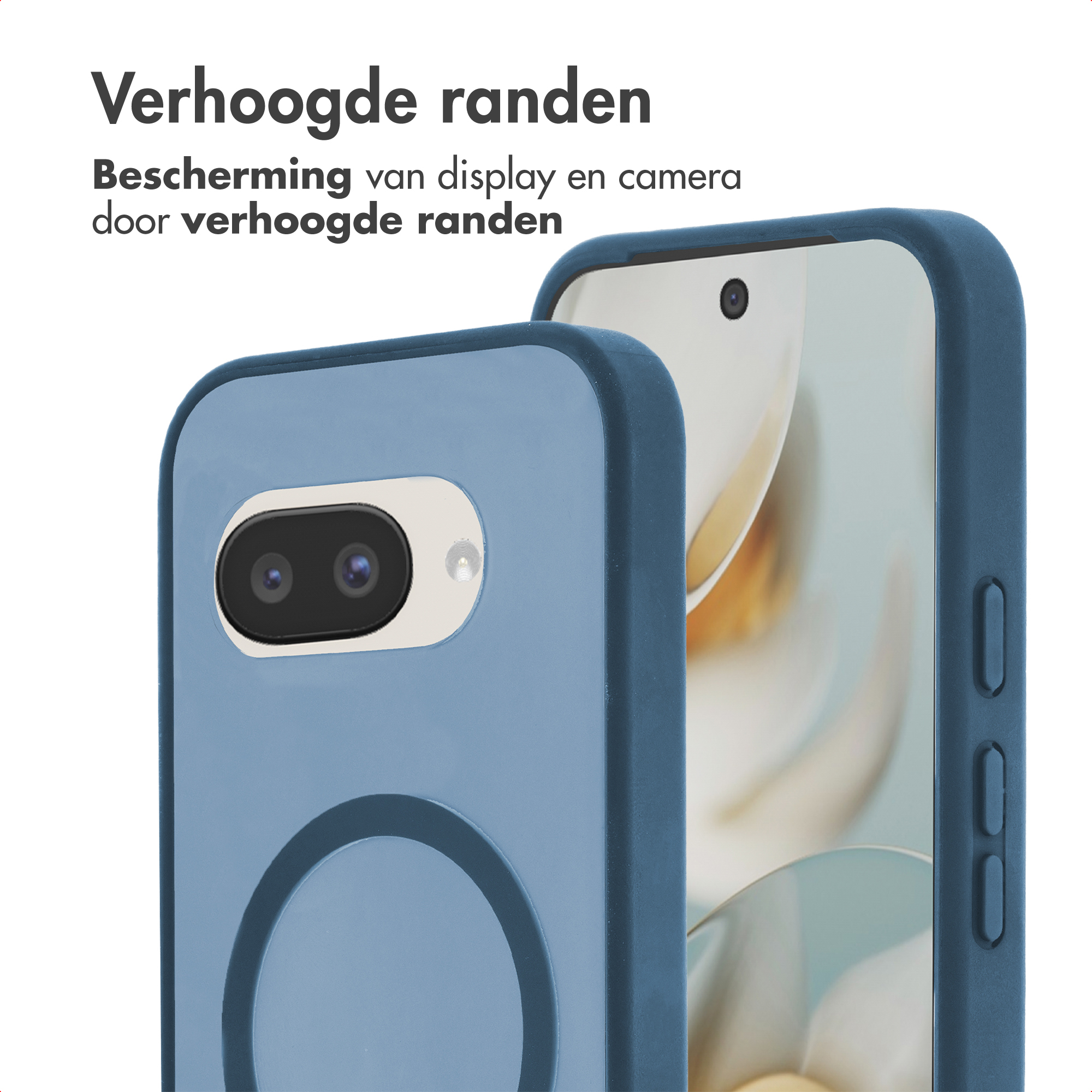 Blauwe telefoonhoes met verhoogde randen, beschermt camera's en scherm.
