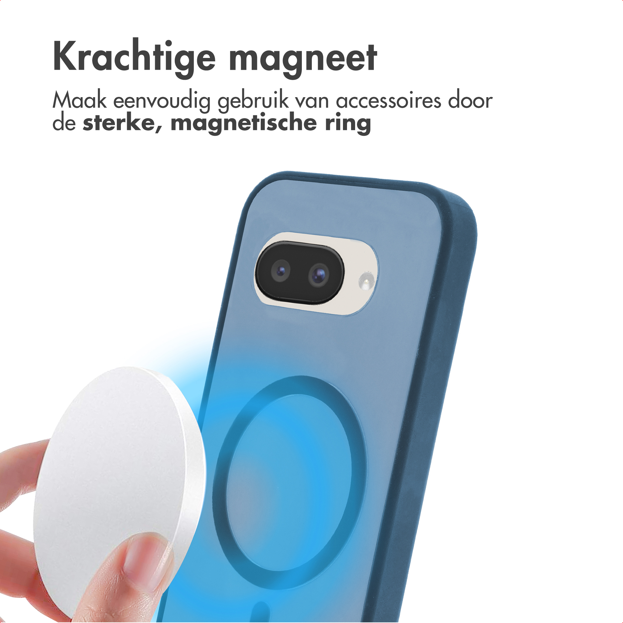 Witte schijf nadert blauwe telefoon met magneetring.