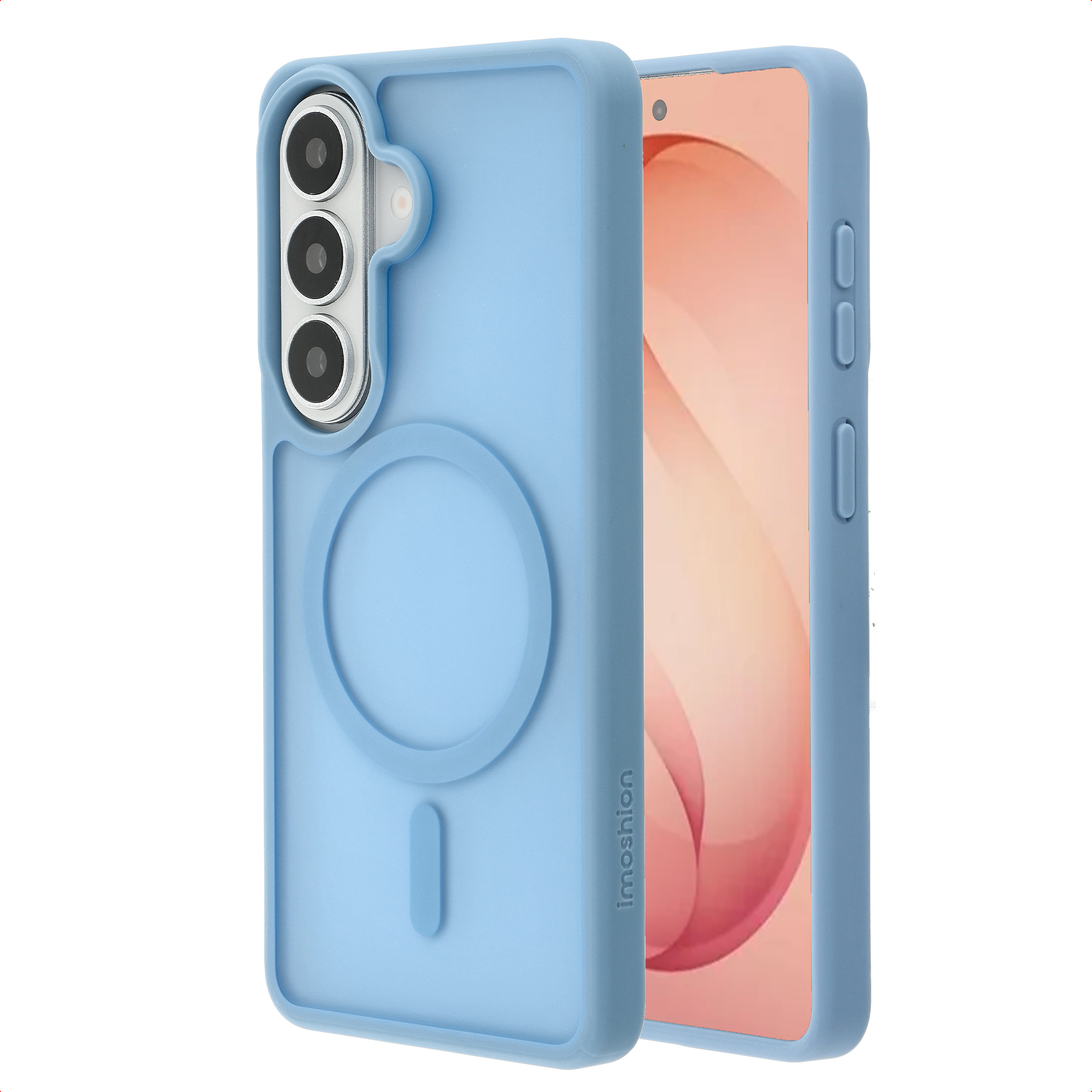 Lichtblauwe telefoonhoes met drie camera's en magnetisch oplaadgebied.