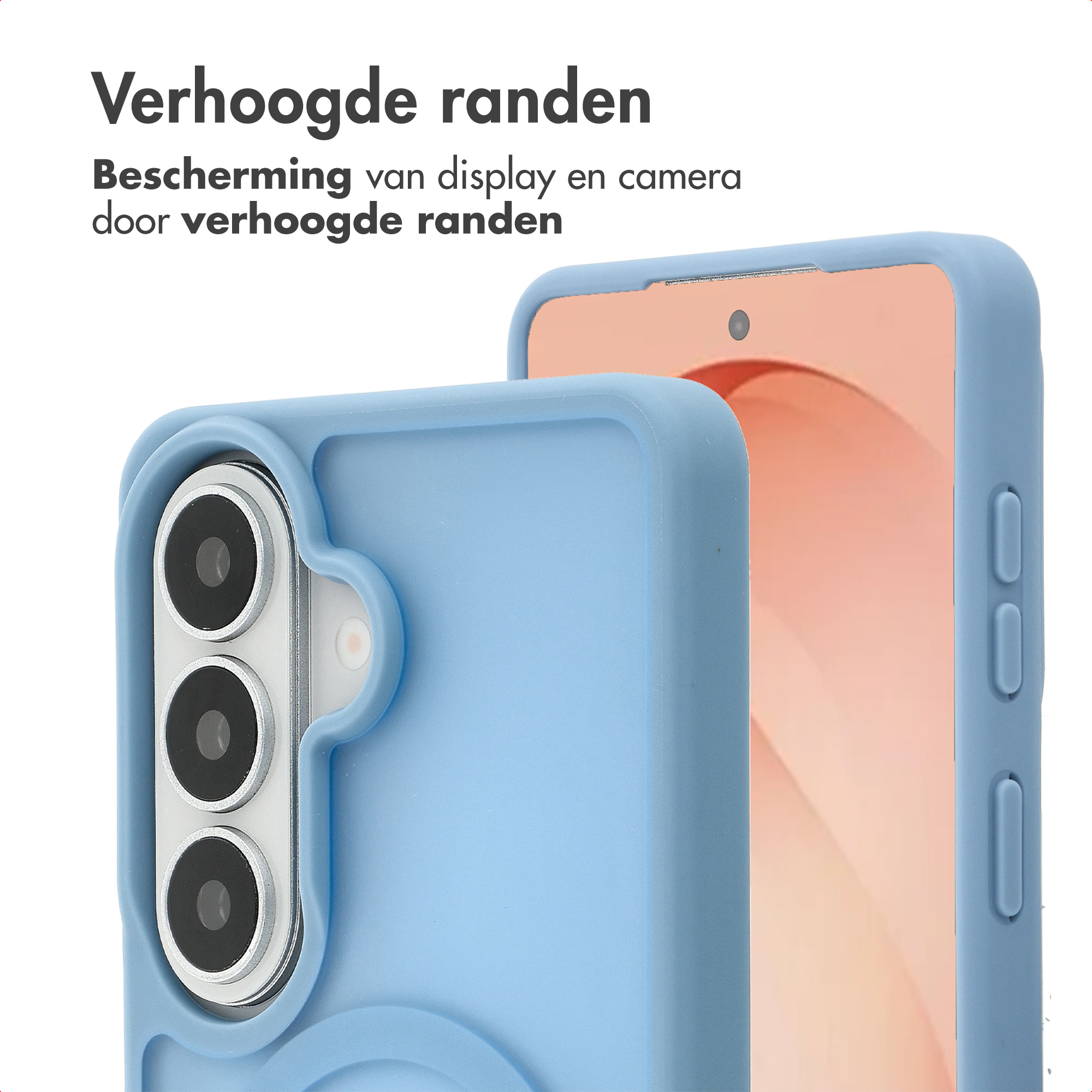 Een blauwe telefoonhoes met verhoogde randen beschermt camera en display.