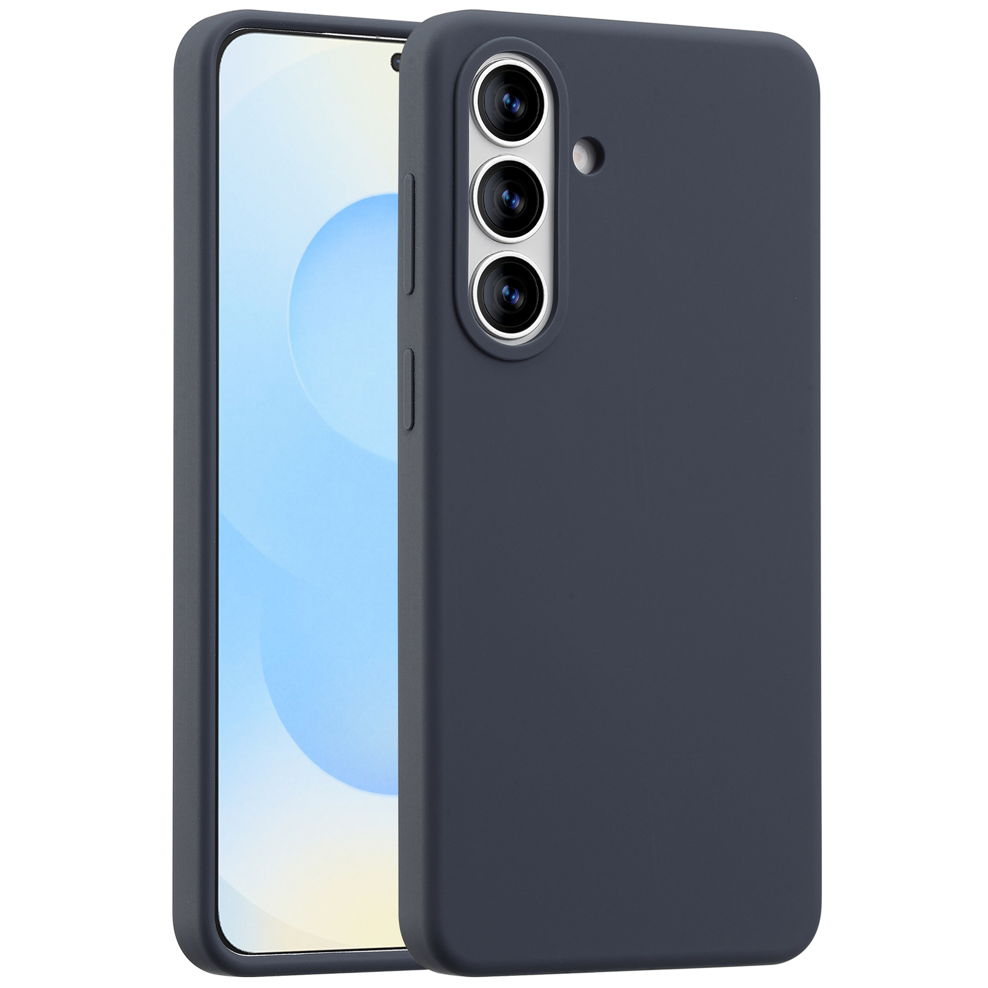 Een donkerblauwe telefoonhoes met drie camera-uitsparingen wordt onder een lichte hoek getoond, waarbij een deel van het telefoonscherm zichtbaar is.