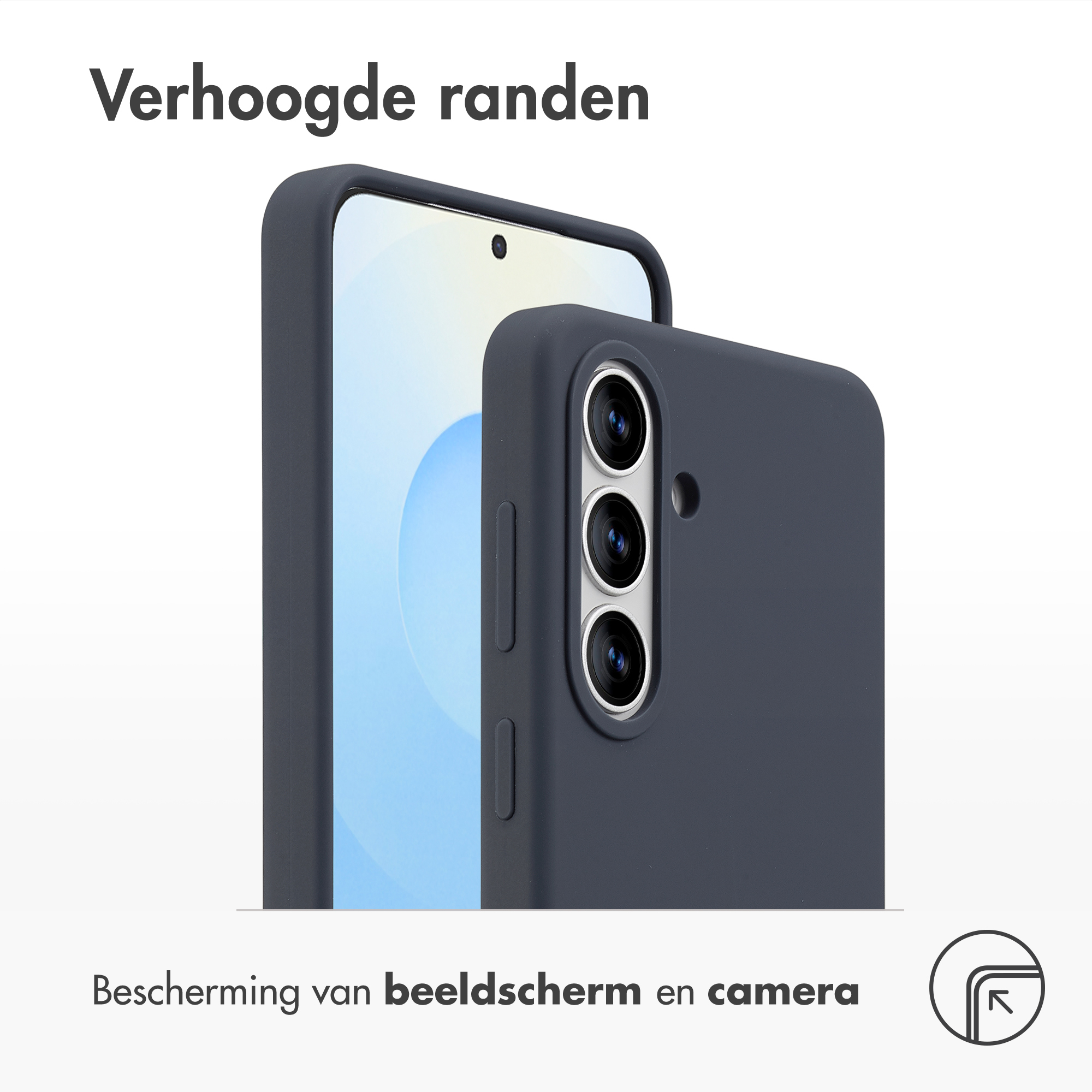 Donkergrijze telefoonhoes met verhoogde randen beschermt scherm en camera.