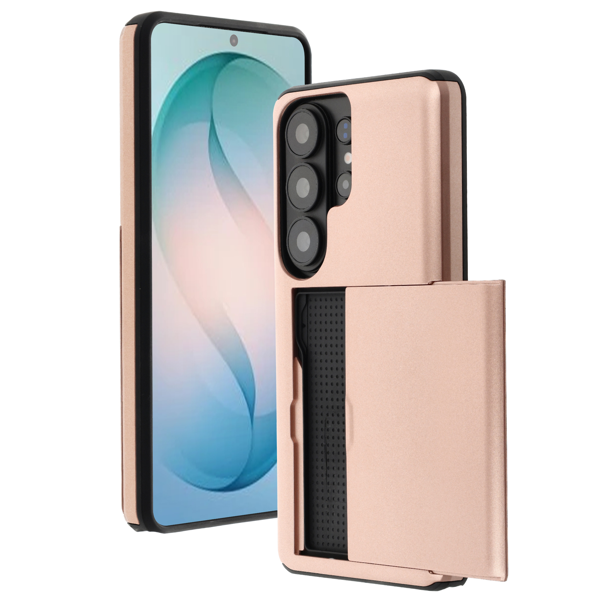 Une coque de téléphone rose doré avec un compartiment pour cartes.
