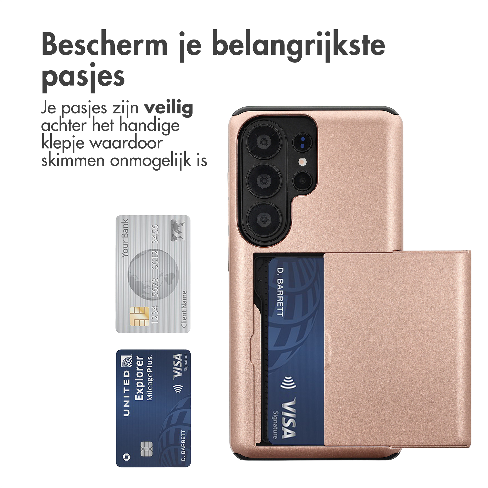 Un étui de téléphone rose doré avec fente pour carte affiche deux cartes de crédit.
