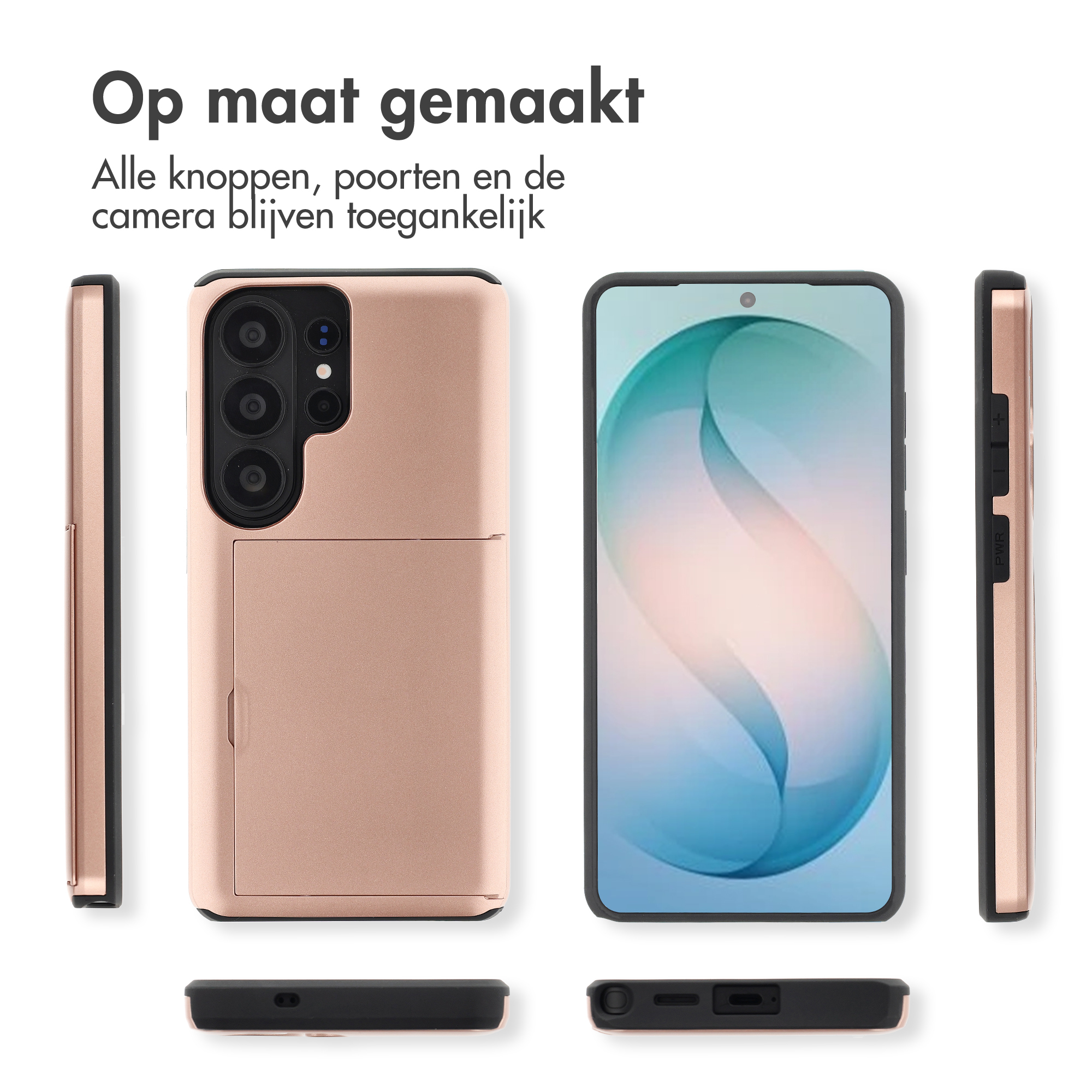 Une coque de téléphone or rose montrée sous plusieurs angles.