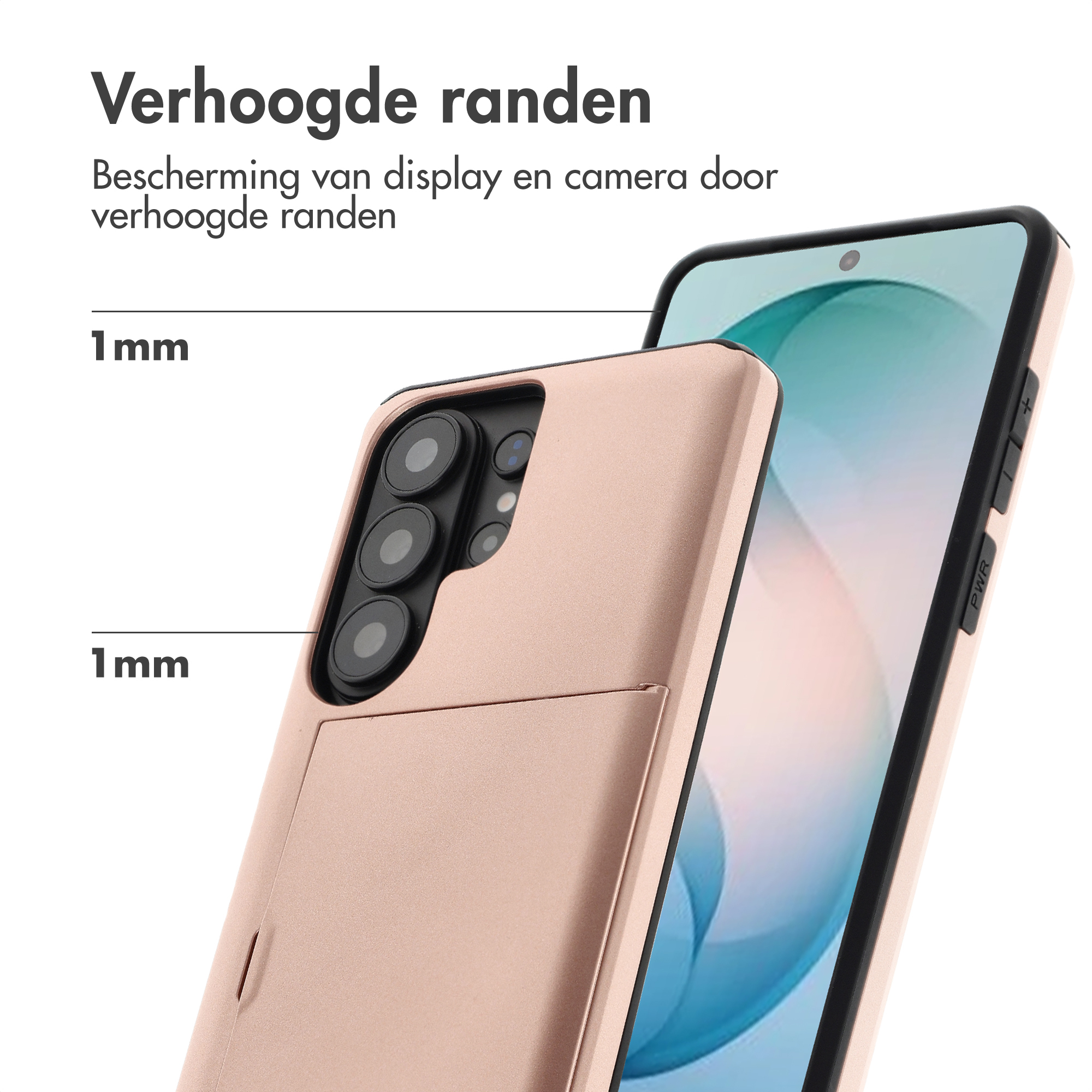 Un téléphone or rose avec un étui de protection qui dépasse 1 mm.