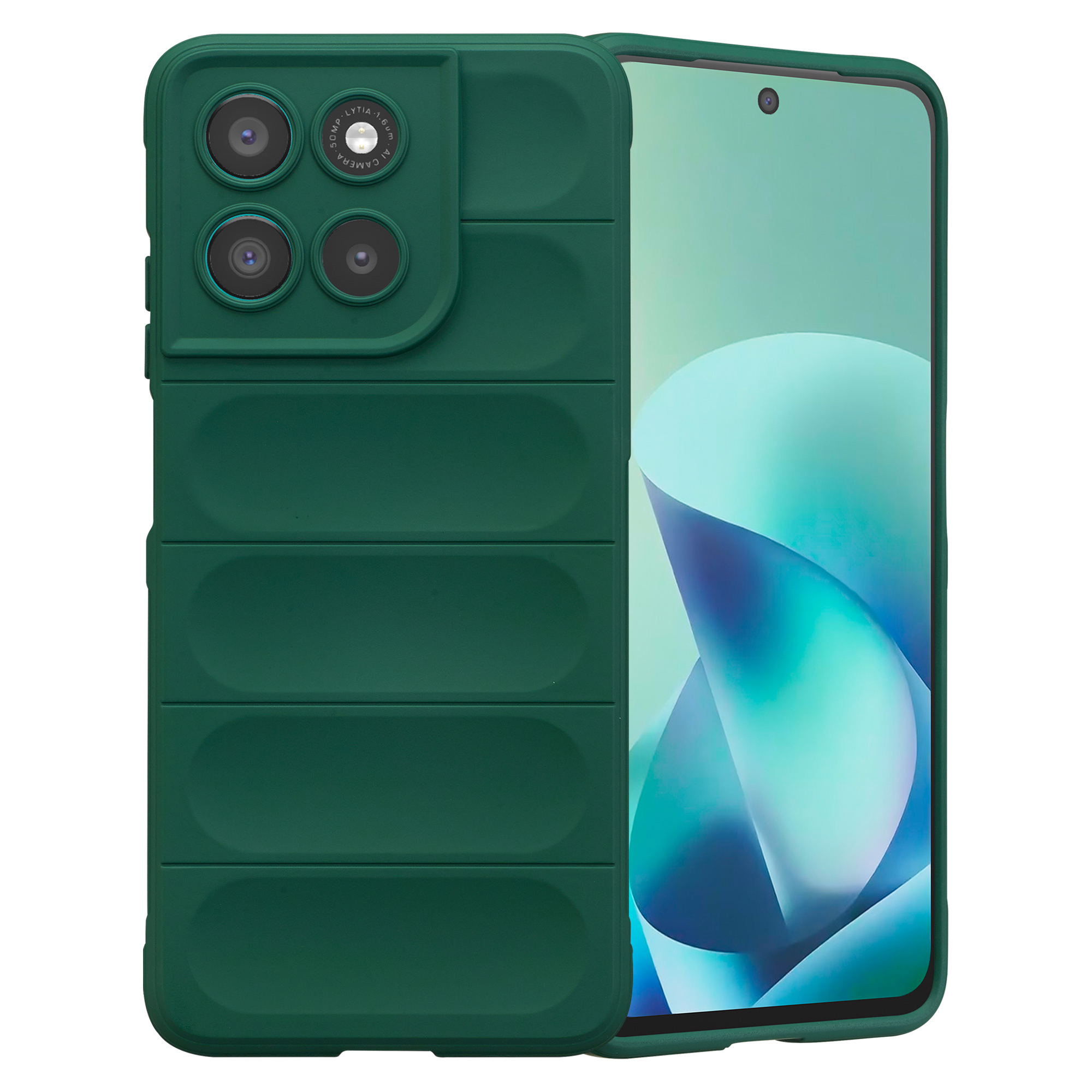 Donkergroene telefoonhoes met vier cameralenzen en een smartphone.