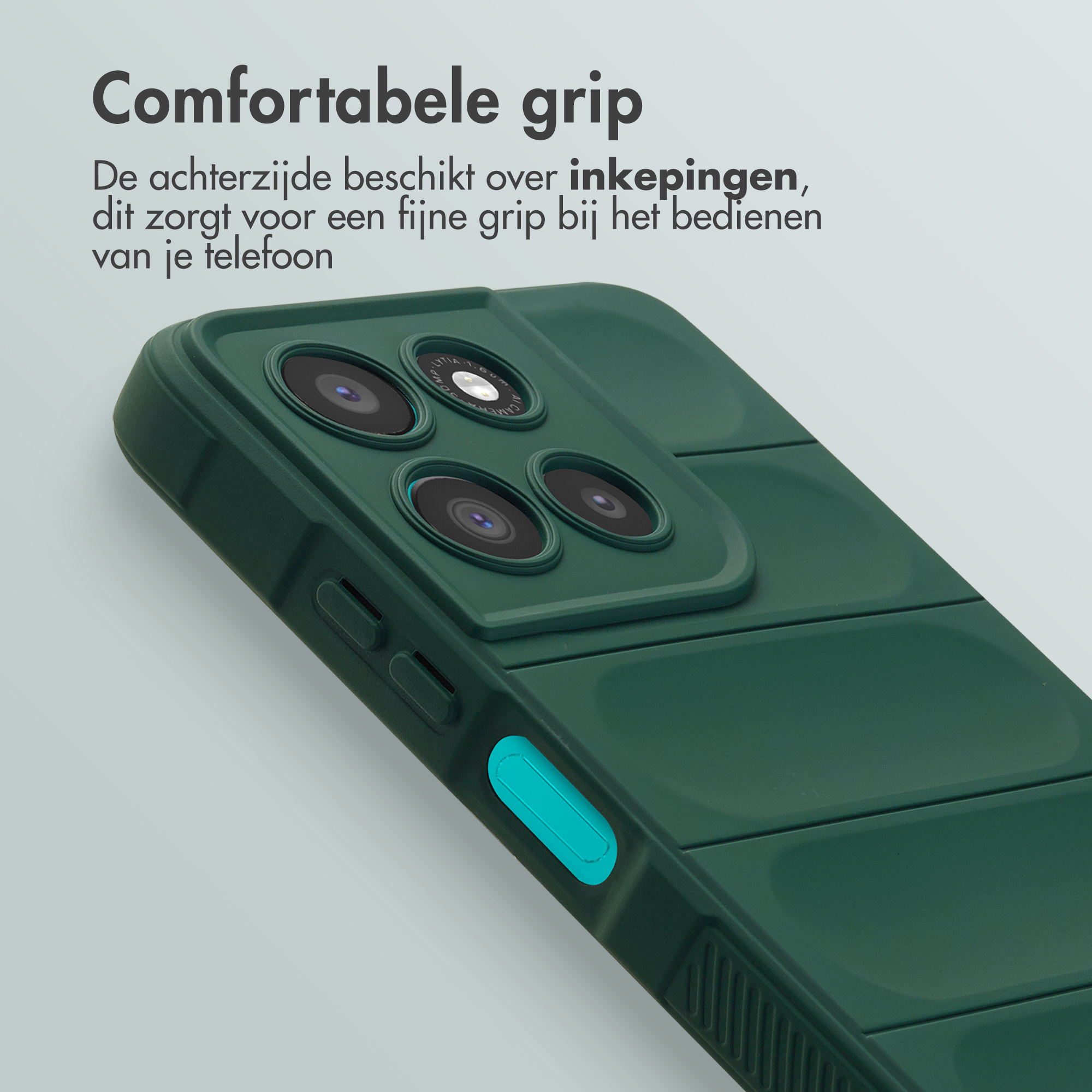Donkergroene telefoonhoes met cameralenzen en een blauwe knop.