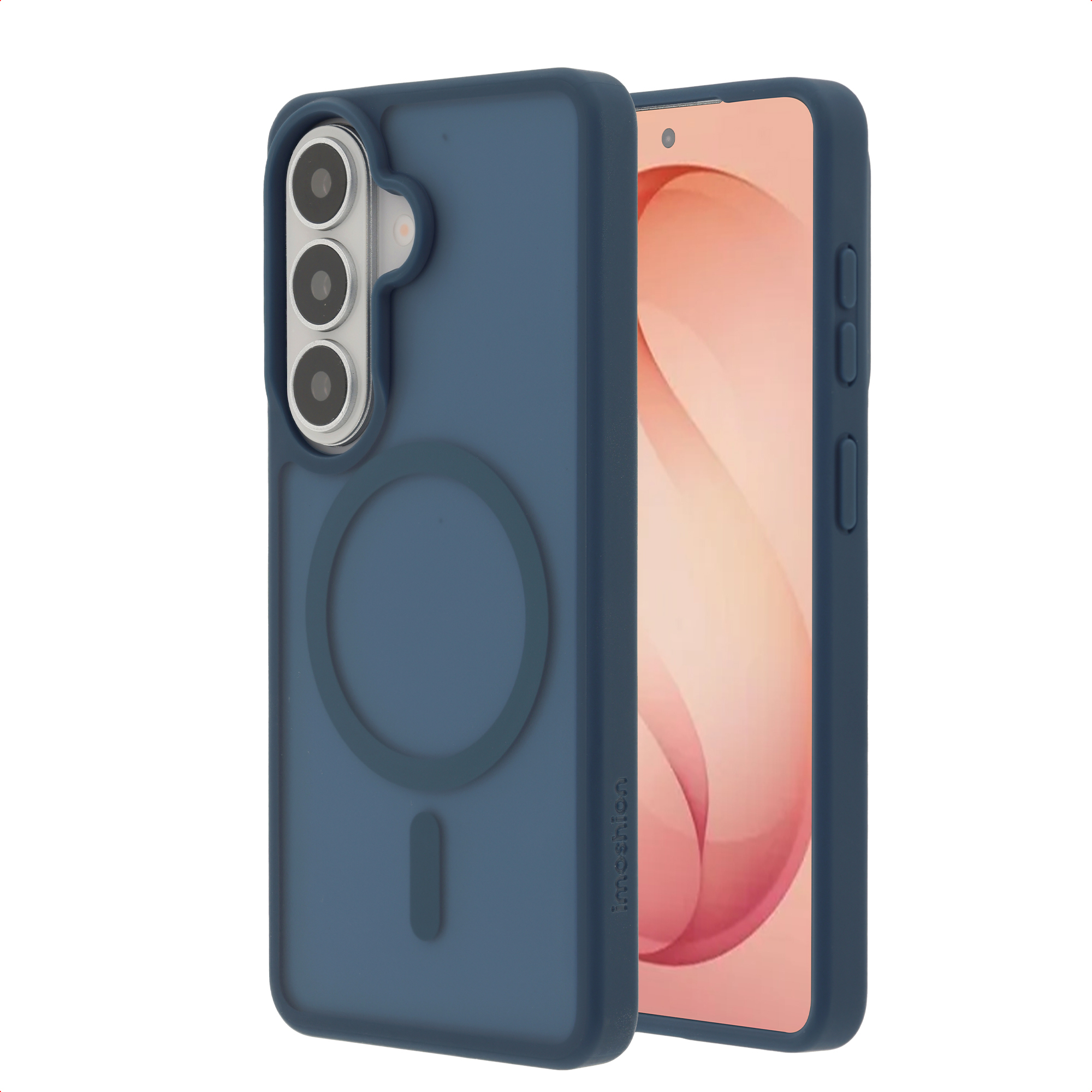 Donkerblauwe telefoonhoes met cameramodule en magnetische ring achterop.