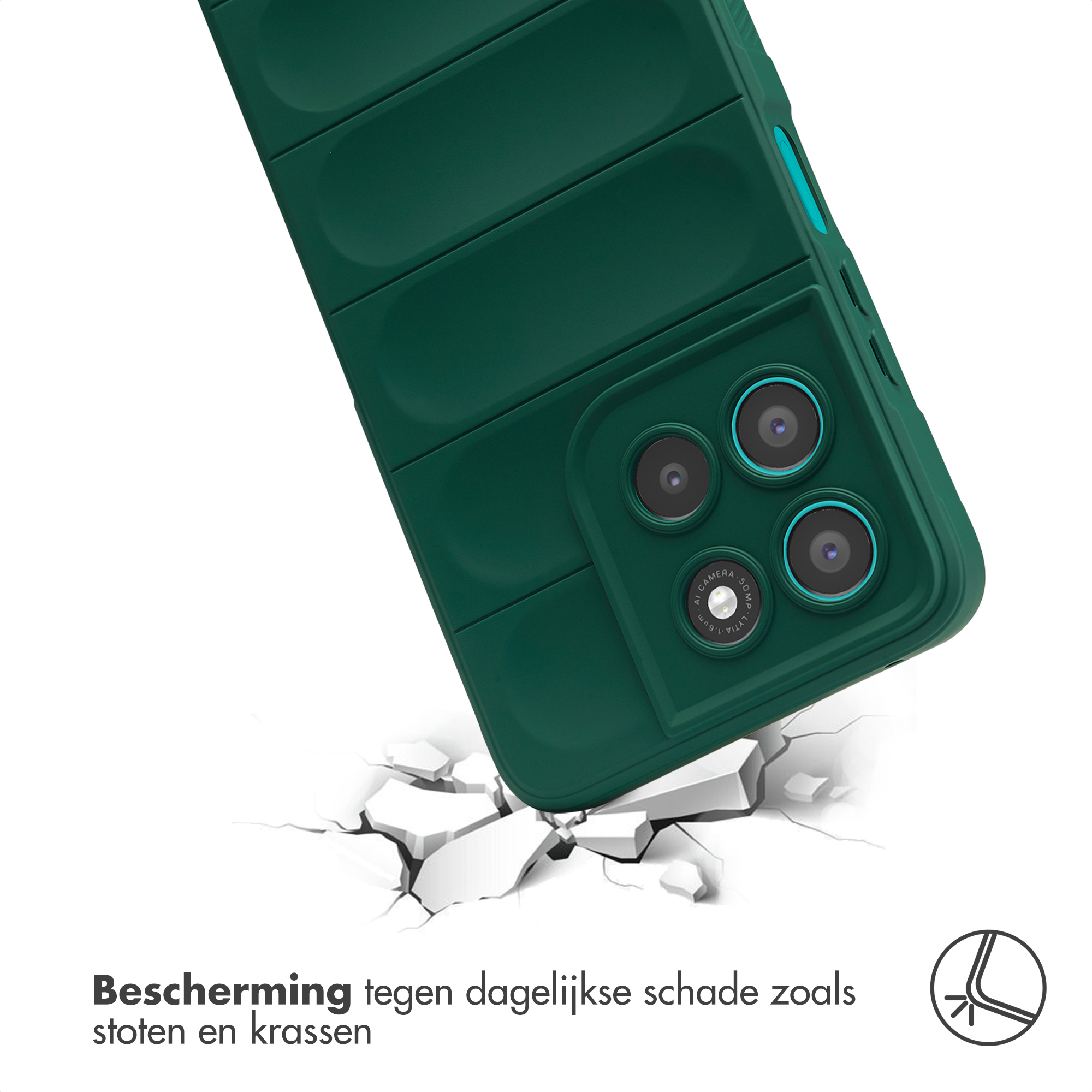 Donkergroene telefoonhoes met drie camera's die barsten raken.