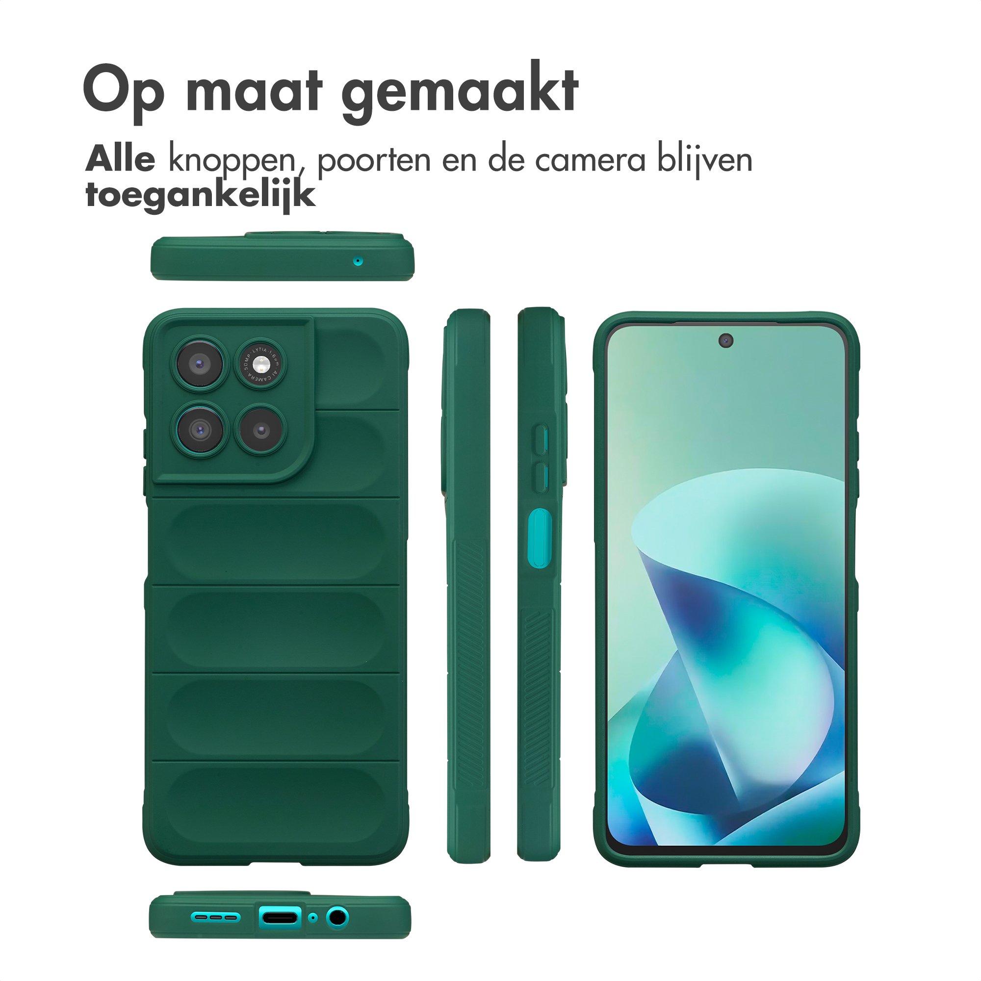 Donkergroene telefoonhoes met camerasysteem en poorten getoond.