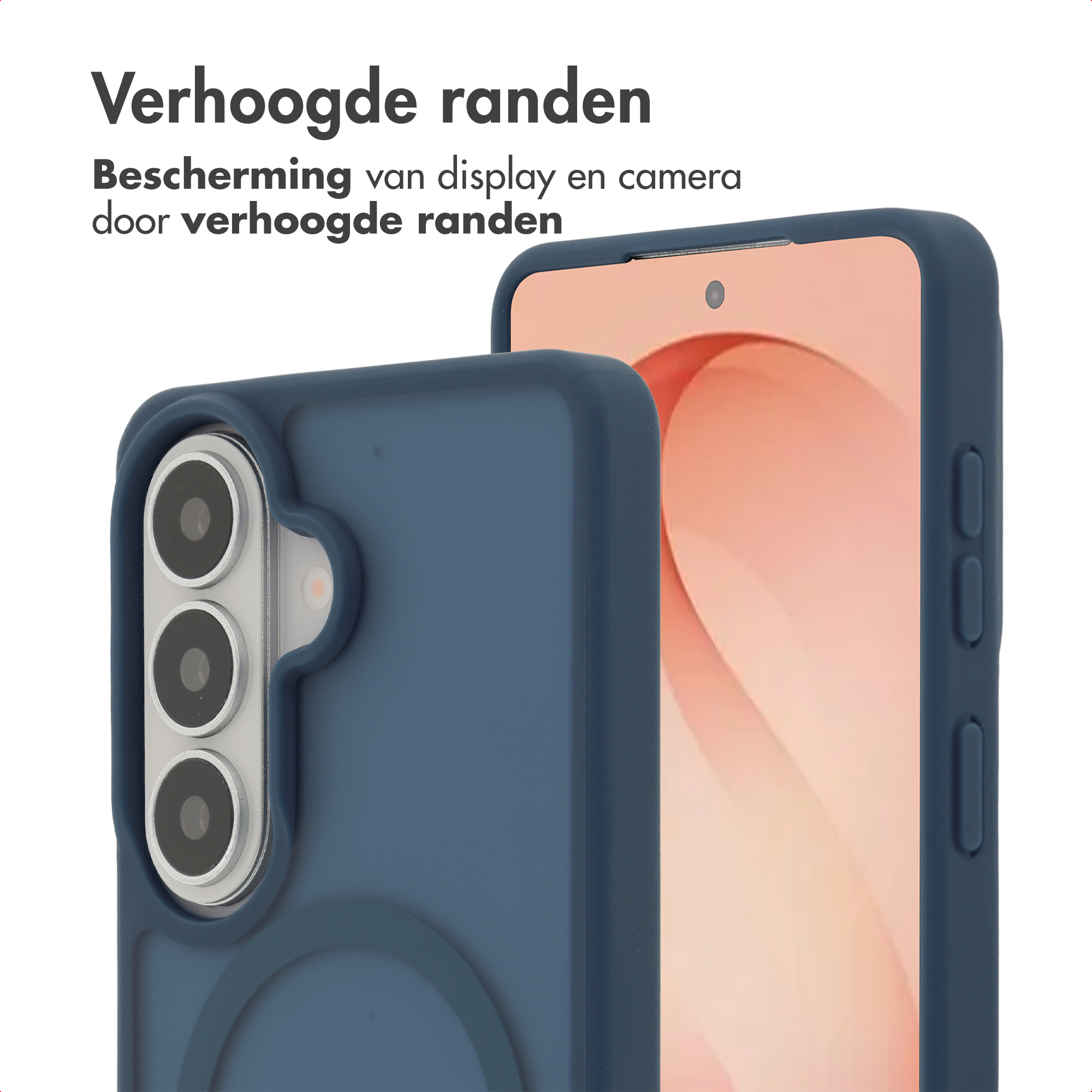 Donkerblauwe telefoonhoes met verhoogde randen beschermt camera en display.