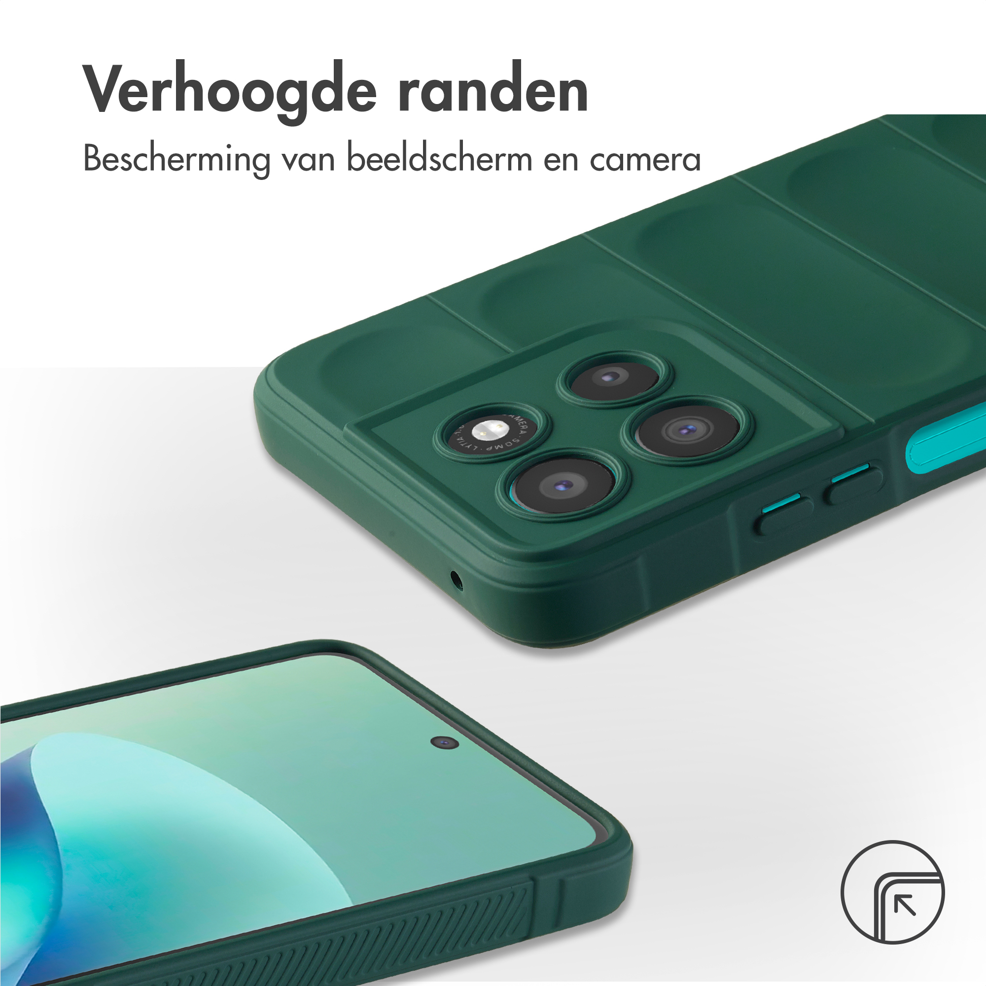 Donkergroene telefoonhoes met verhoogde randen, camerauitsparing en schermweergave.