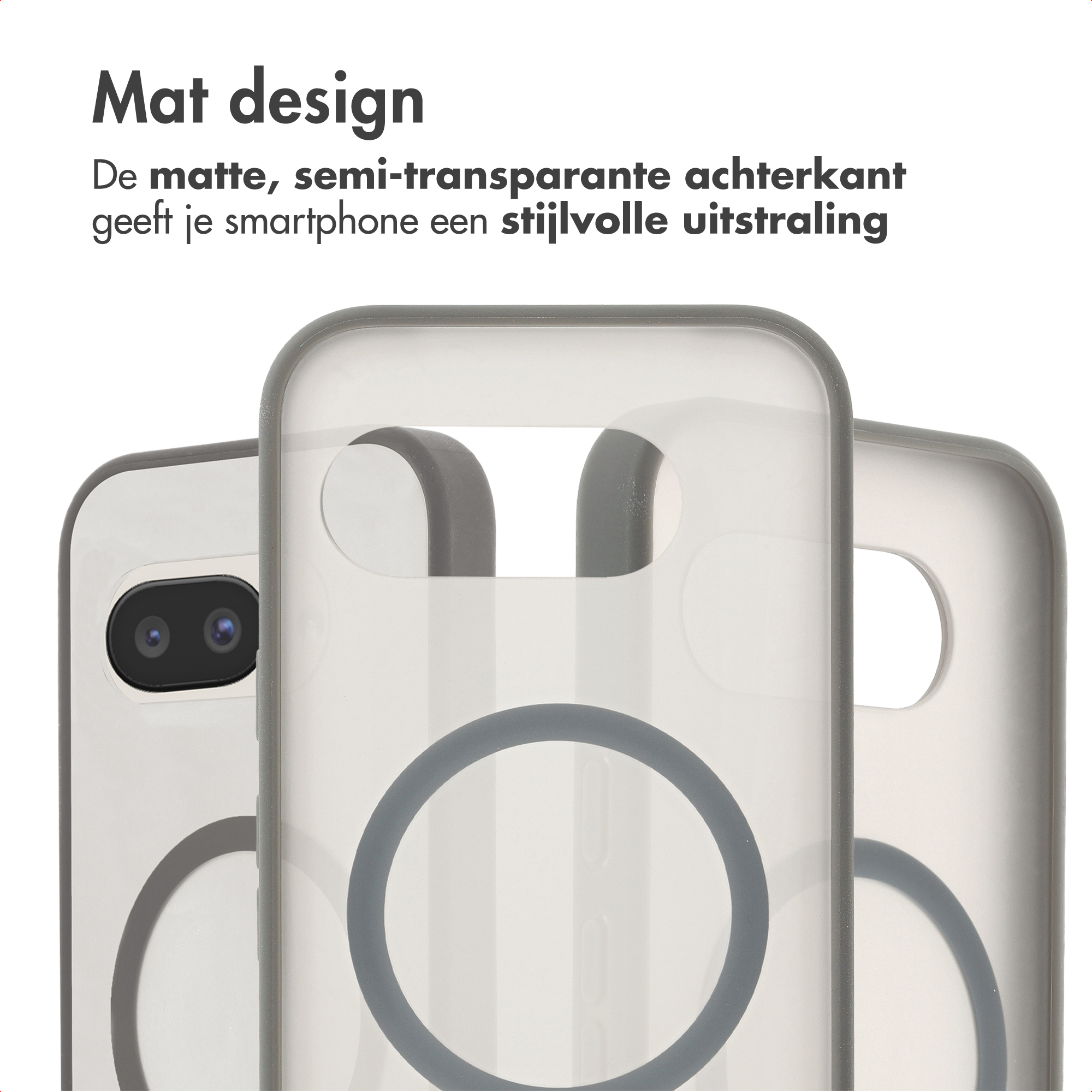 Trois coques de téléphone semitransparentes avec anneaux et caméras gris.