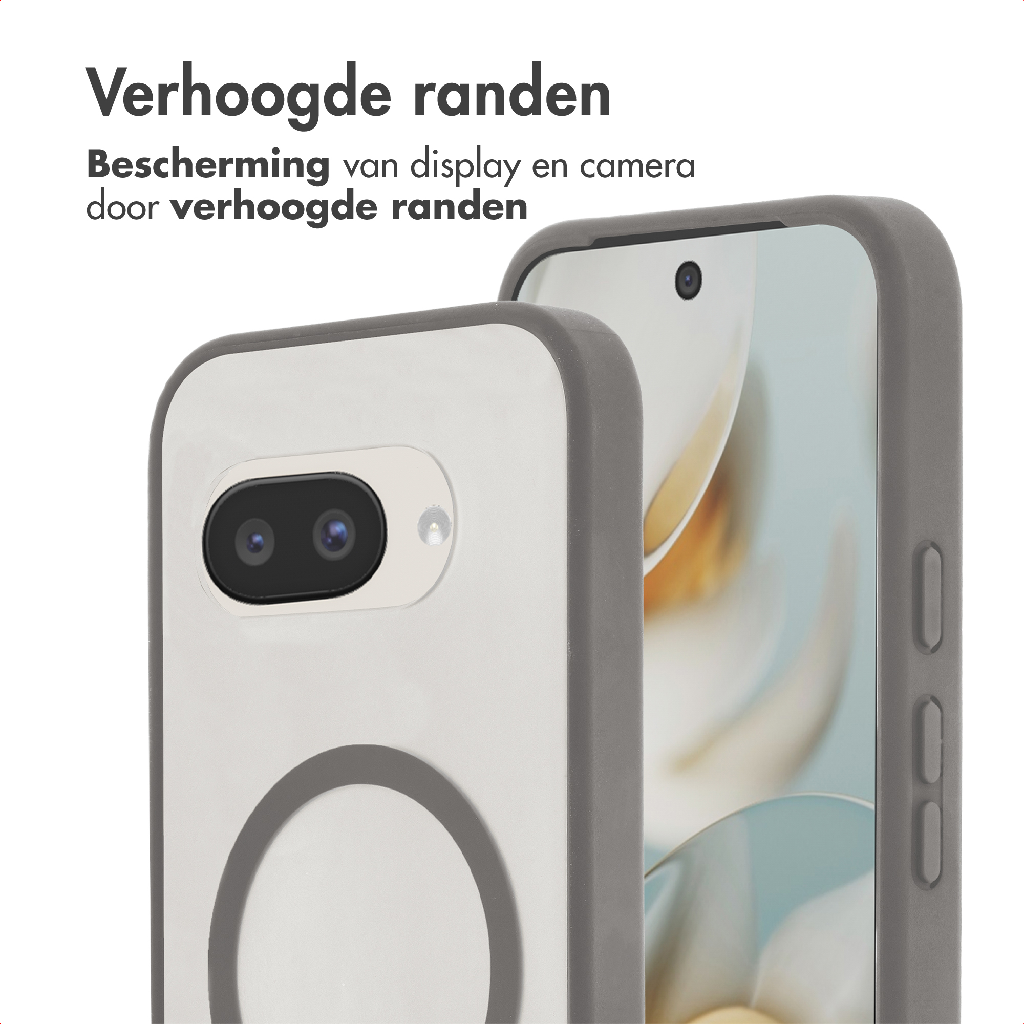Coque de téléphone grise avec bords surélevés pour protéger l'écran et l'appareil photo.