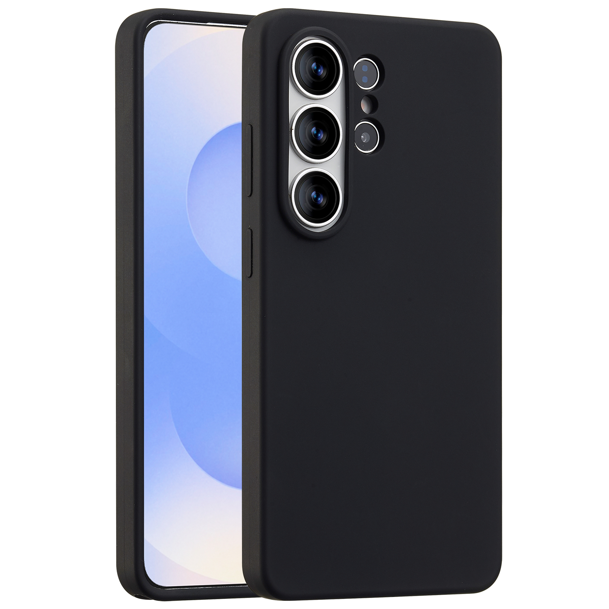Zwarte telefoon met drievoudige camera en hoesje, op witte achtergrond.