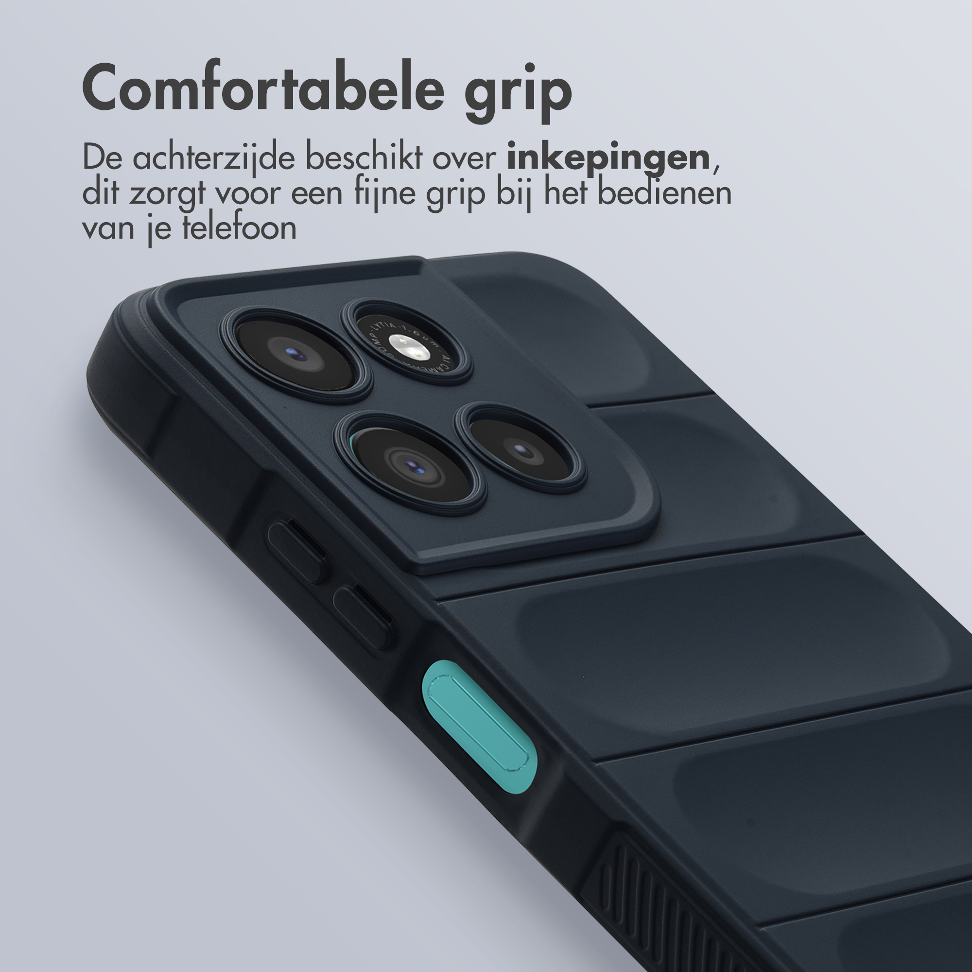 Donkerblauwe telefoonhoes met camerasysteem en turquoise knop.