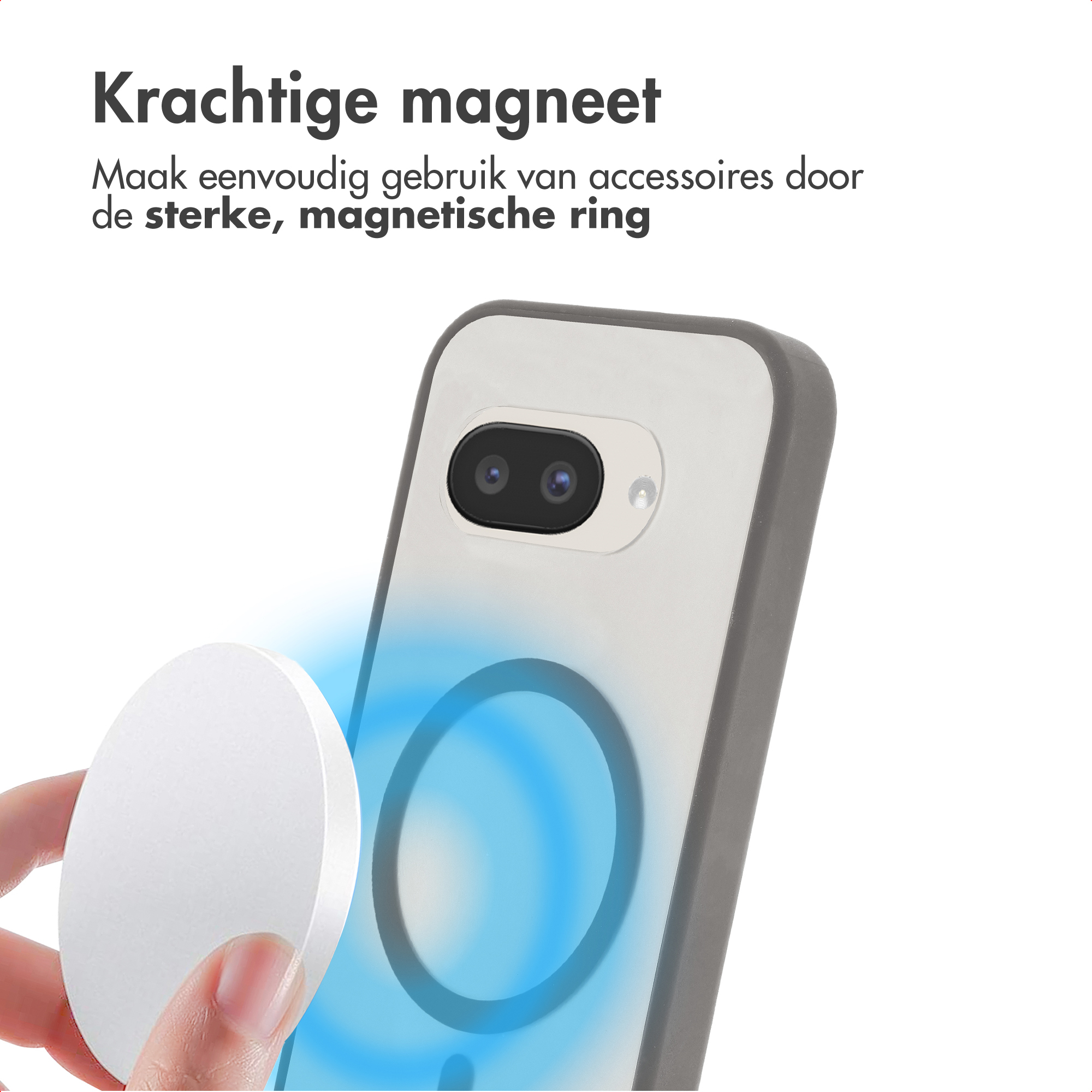 Une main tient un aimant blanc près d'un smartphone affichant un anneau magnétique.