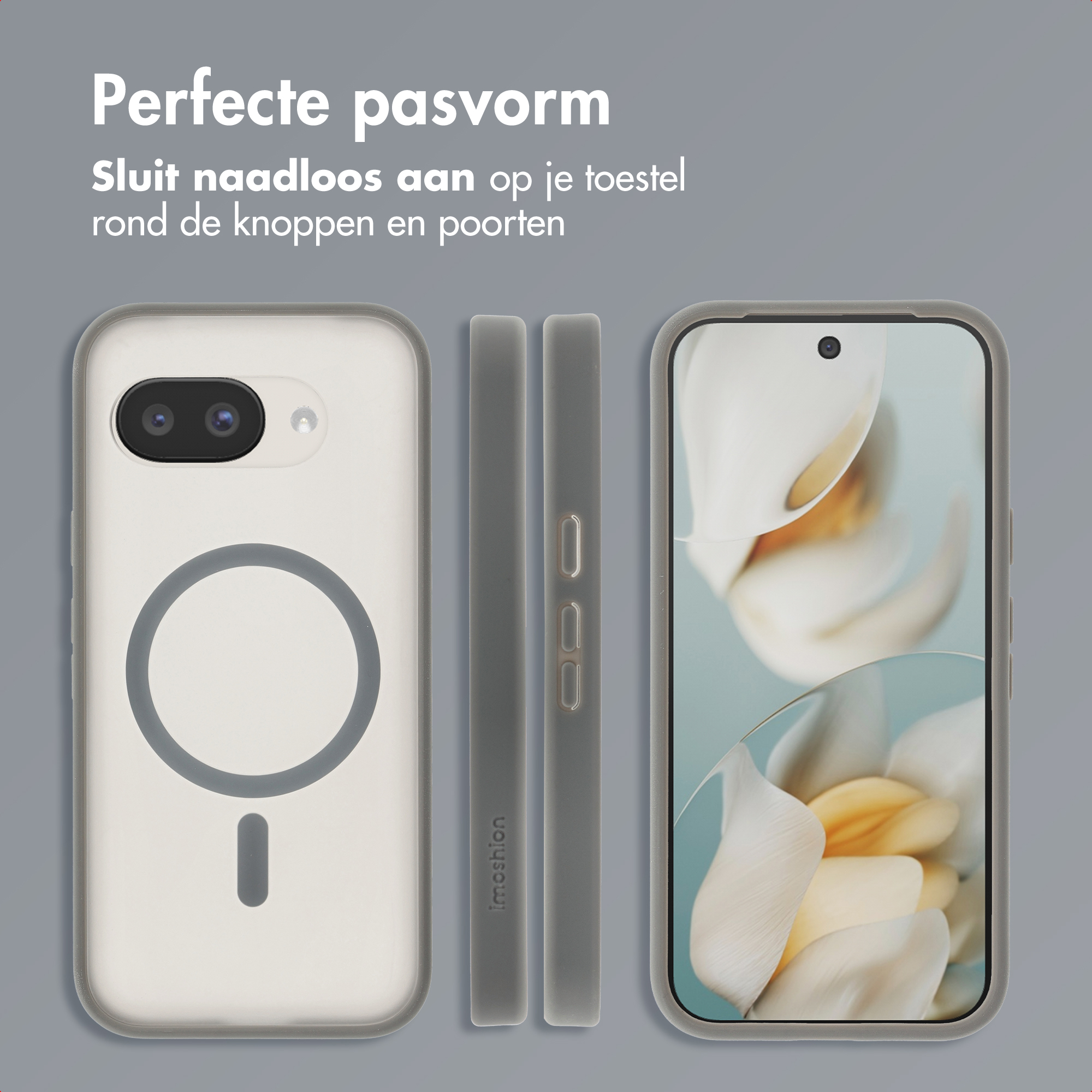 Une coque de téléphone blanche avec anneau MagSafe et écran de téléphone.
