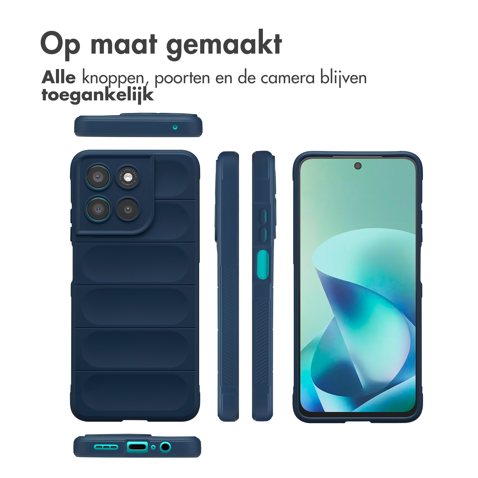 Donkerblauwe telefoonhoes, diverse aanzichten. Focus op camera en poorten.