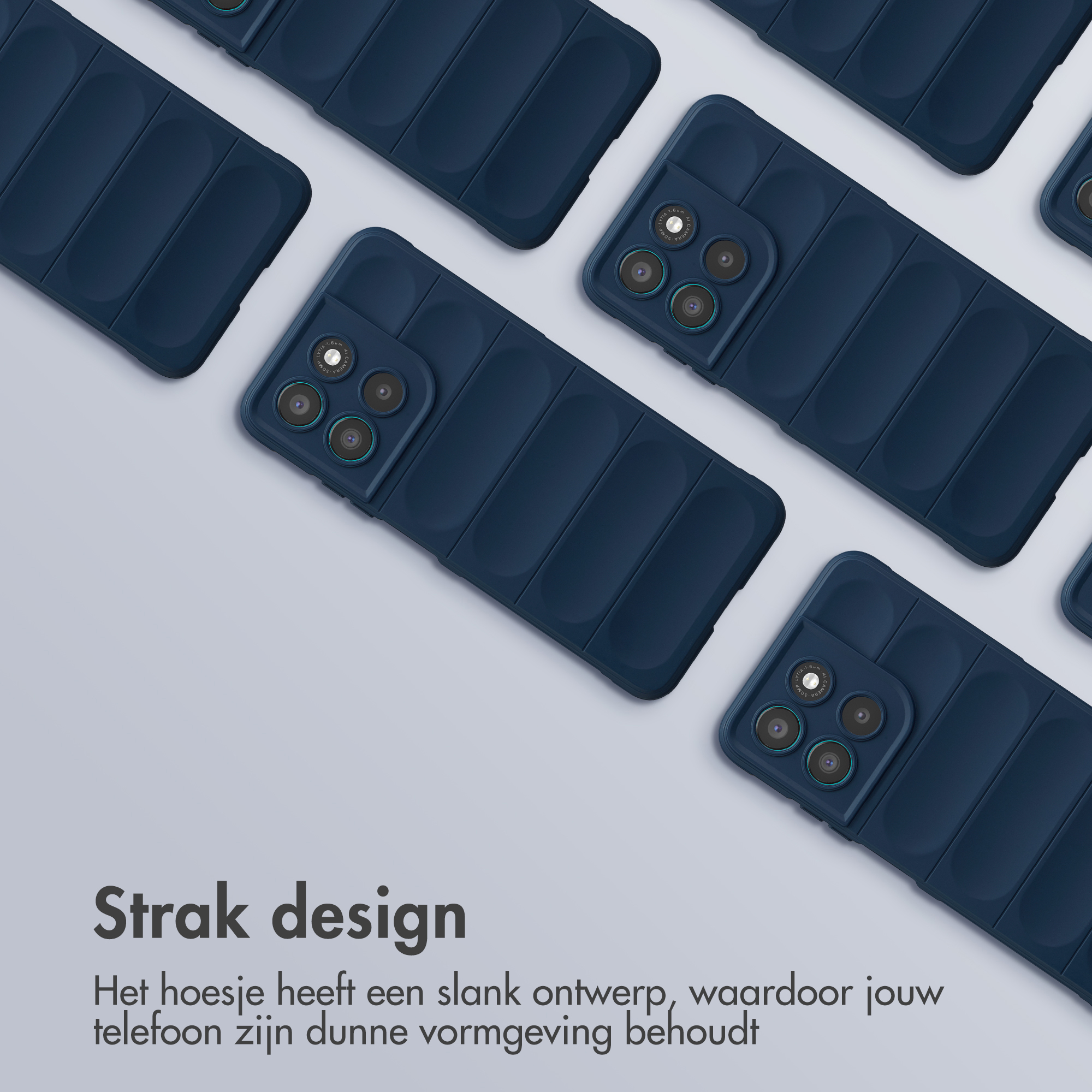 Donkerblauwe telefoonhoesjes met camerasysteem, op grijze achtergrond.