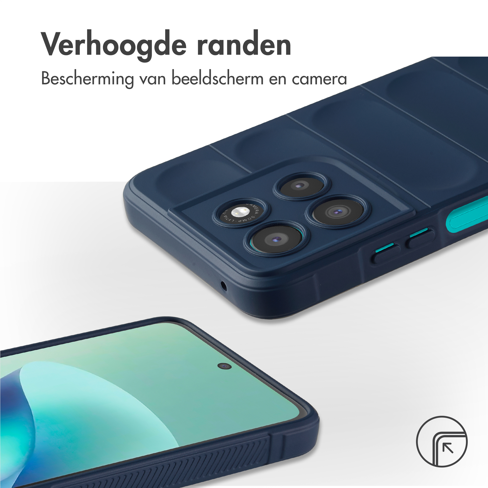 Donkerblauwe hoes met verhoogde randen, toont camera's en scherm.