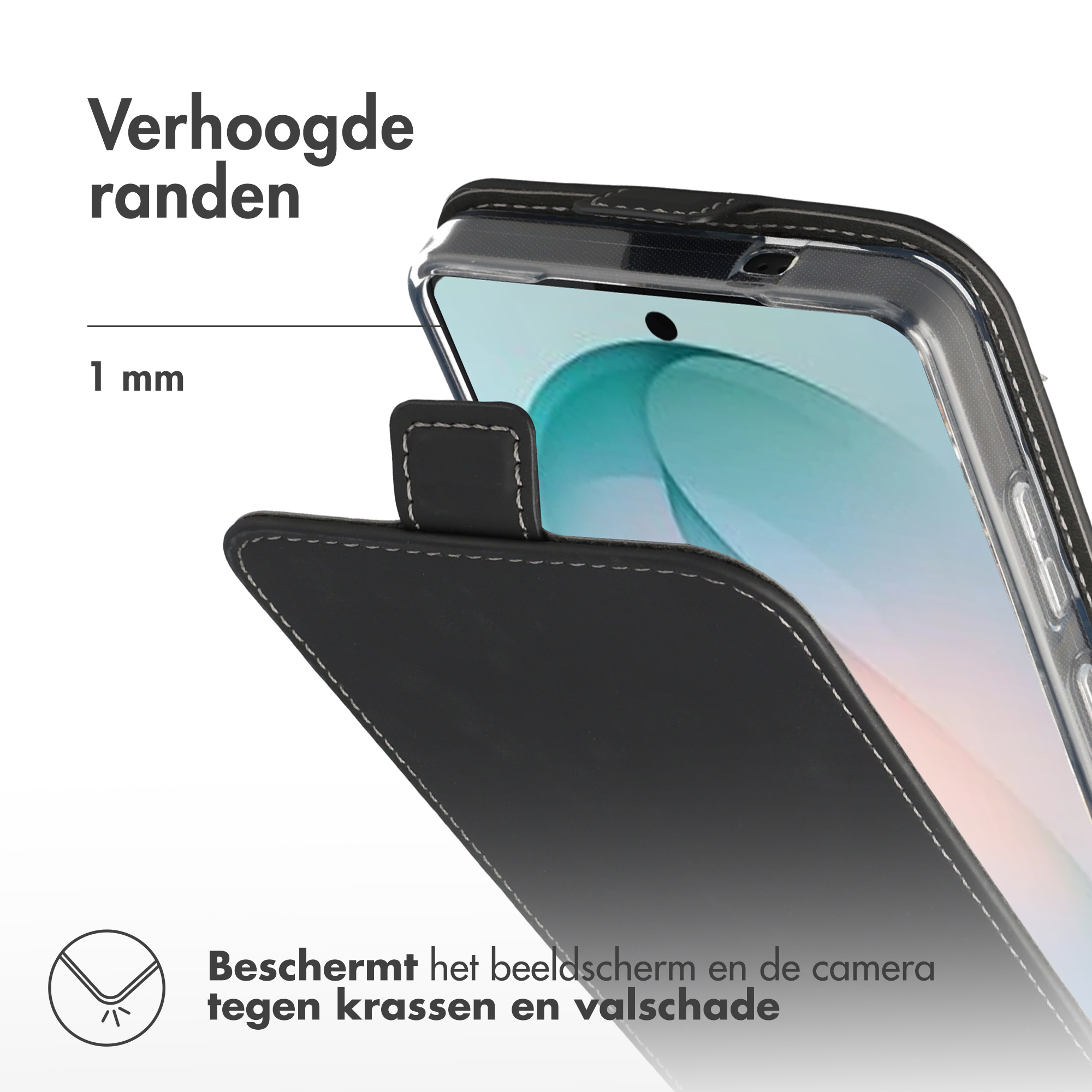 Zwarte telefoonhoes met 1 mm verhoogde randen, beschermt scherm en camera.