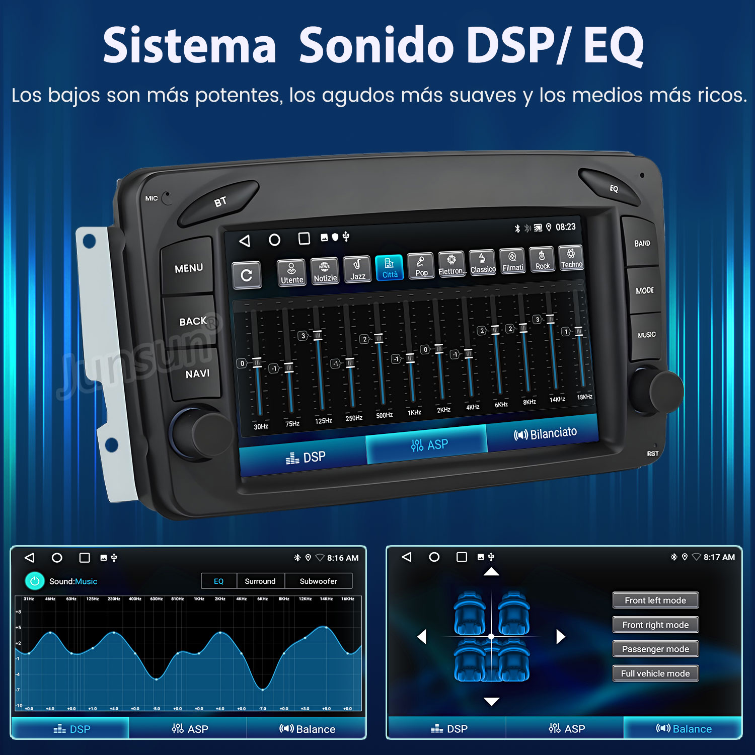 Sistema de infoentretenimiento para coche mostrando EQ y DSP.
