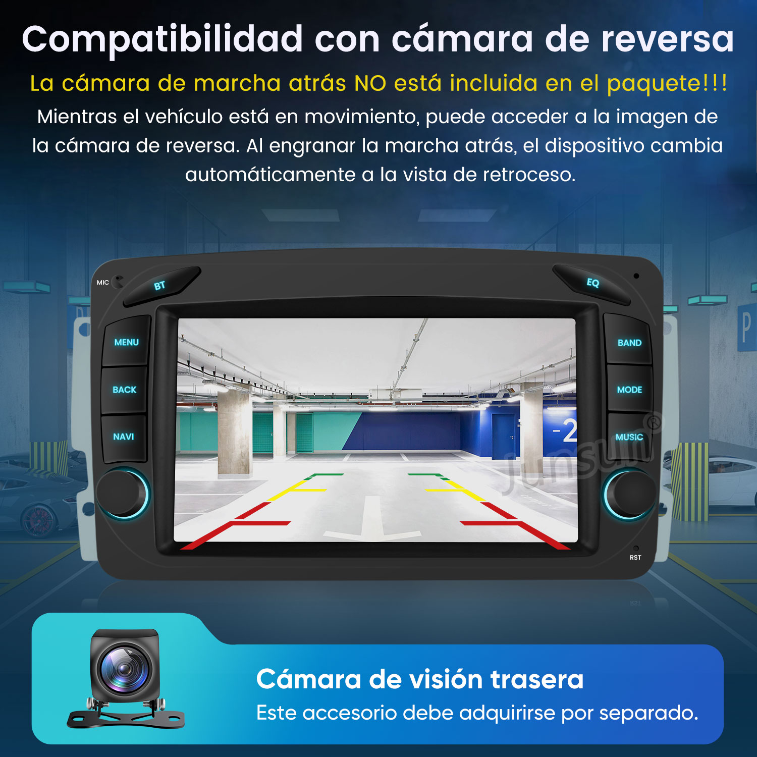 Pantalla de coche mostrando líneas de estacionamiento y cámara.