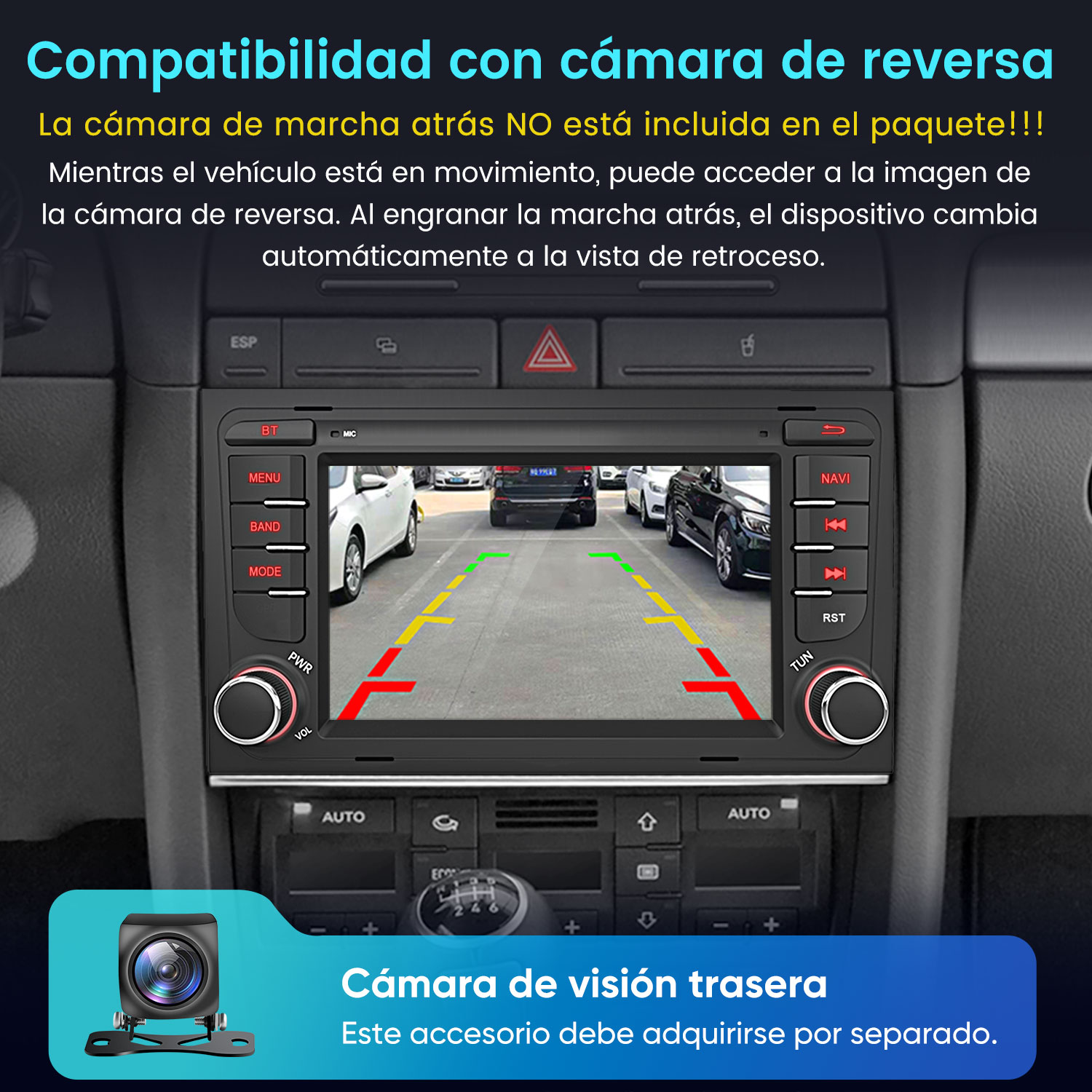 Pantalla de infoentretenimiento de coche con vista de cámara trasera.