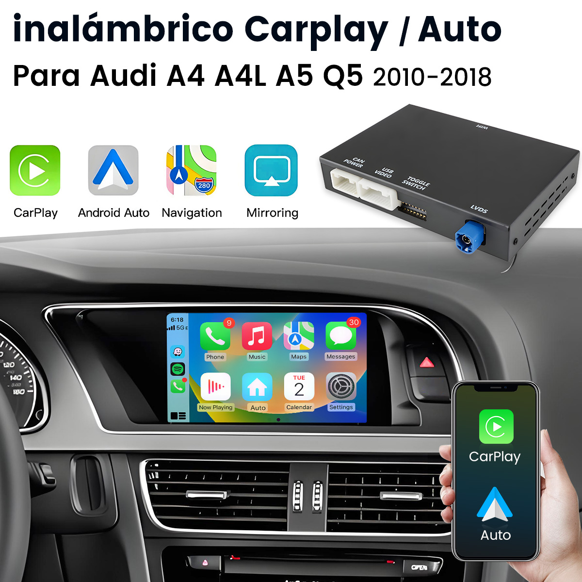 Sistema de infoentretenimiento CarPlay/Android Auto para Audi A4-A5 Q5.