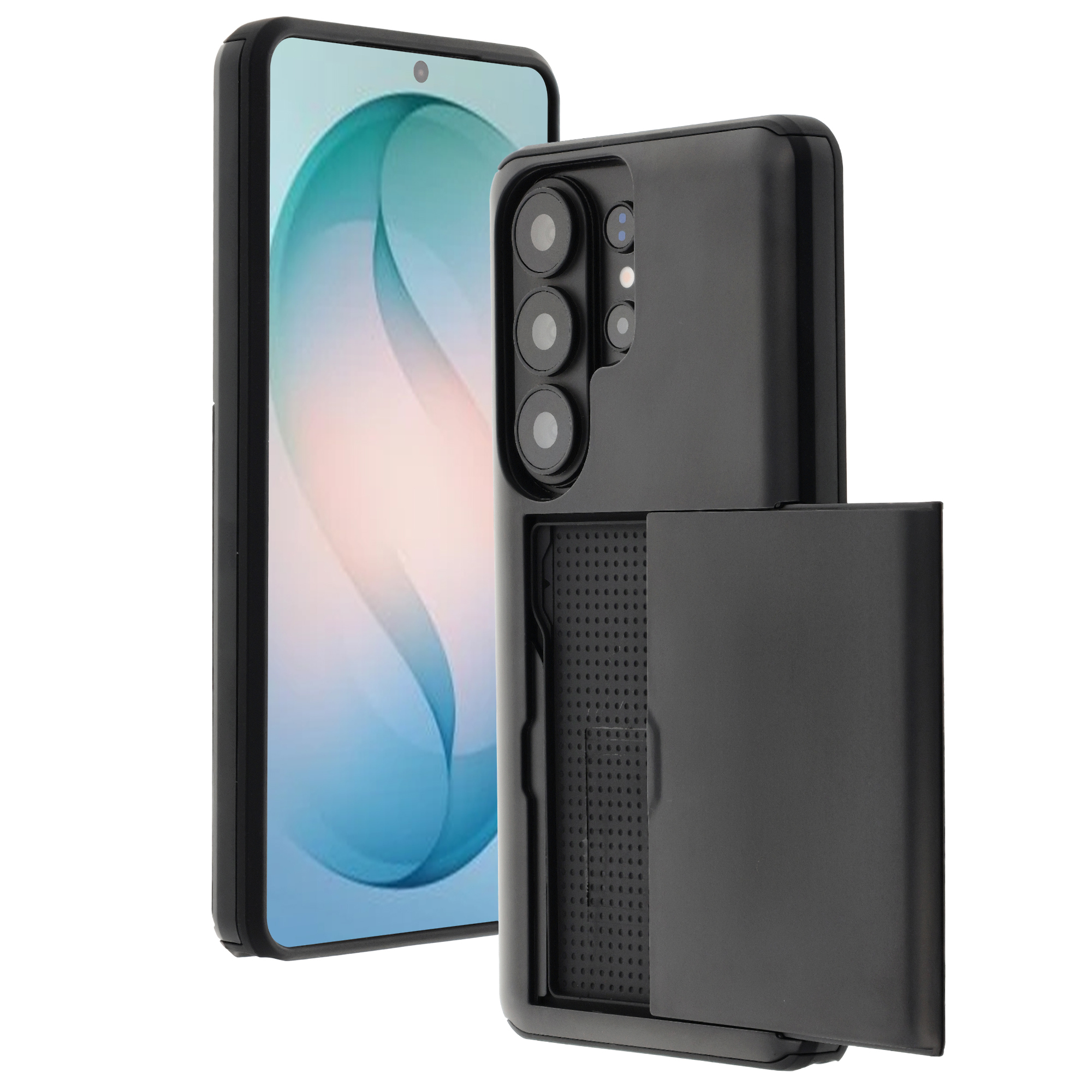 Zwarte telefoonhoes met open vakje, naast een smartphone met blauw-wit scherm.