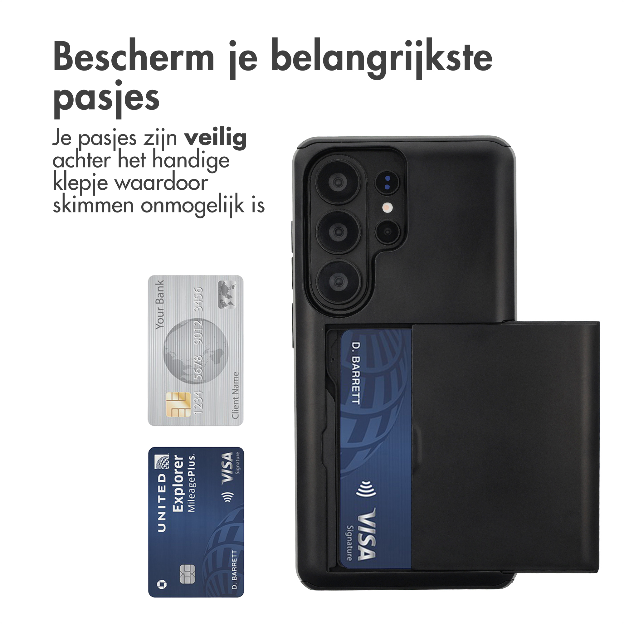 Zwarte telefoonhoes met kaartsleuven. Twee creditcards zijn zichtbaar.