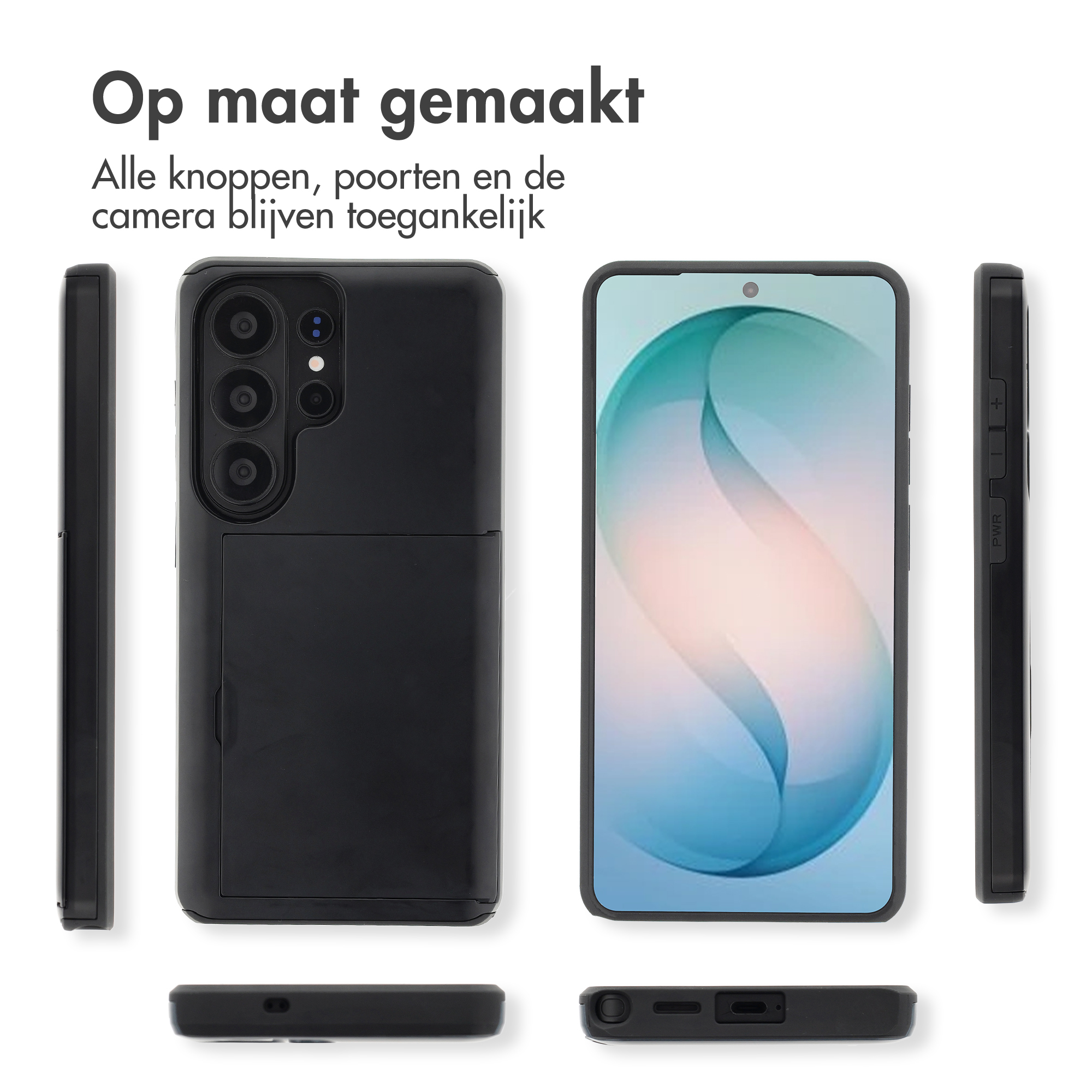 Zwarte telefoon met camera's en zijknopjes, vooraanzicht toont kleurrijk scherm.
